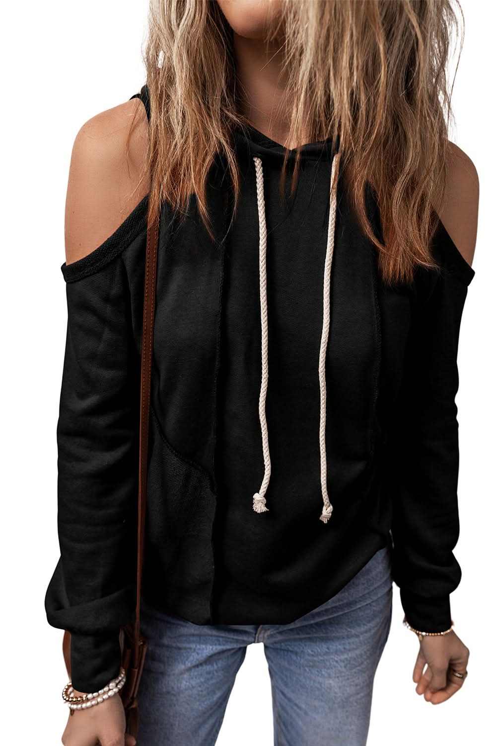 Stylish Black Cold Shoulder Hoodie for Women - Trendy Oversized Pullover Sweatshirt for Casual Outfits, Streetwear & Layering