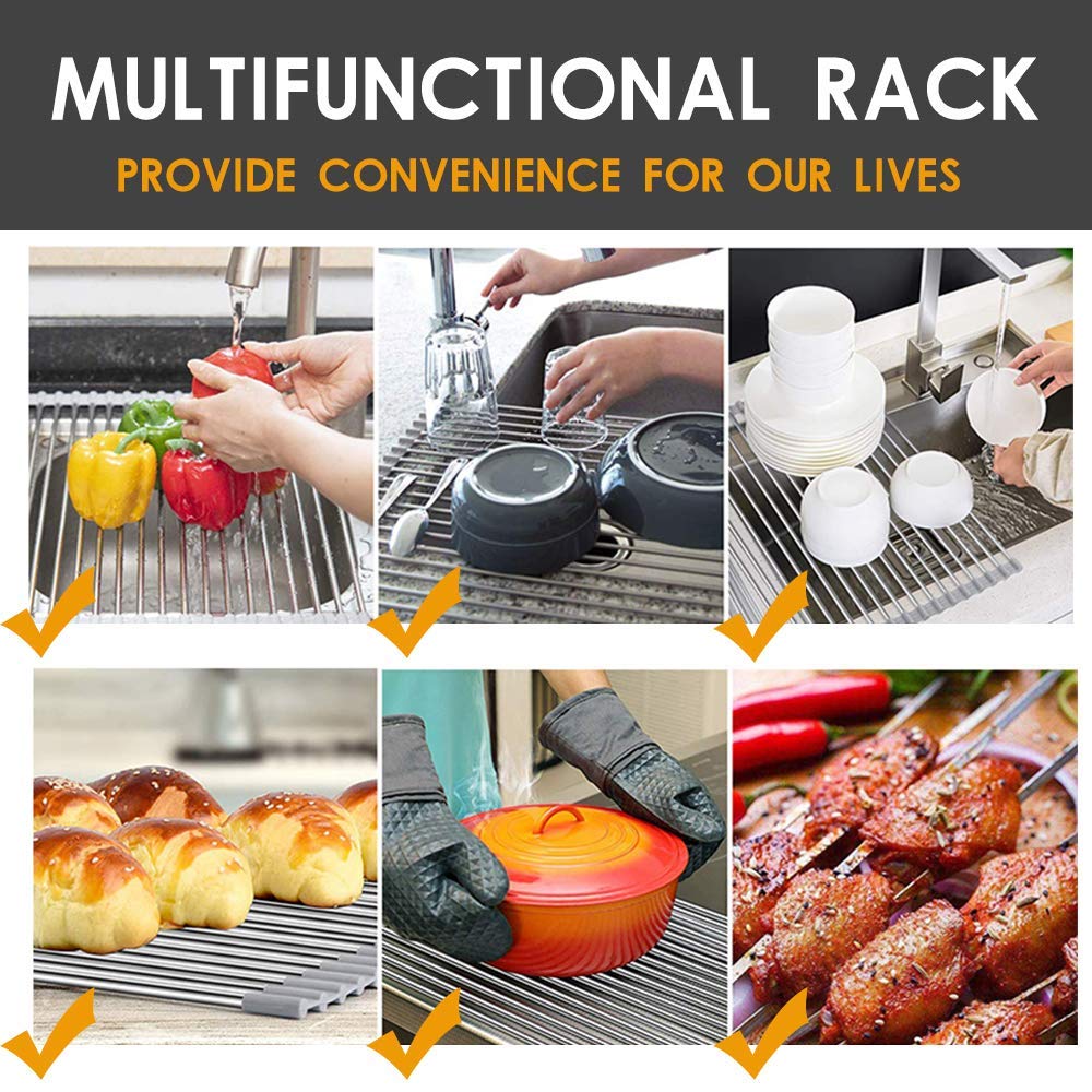 SCILLA Stainless Steel Roll Up Foldable Over The Sink Dish Drying Rack - Adjustable Multipurpose Drainer for Washing Dishes, Utensils, Crockery, Fruits & Vegetables - Space Saving Kitchen Organizer (Multicolor) - Perfect for Small Kitchens, RVs, Camping & Dorm Rooms