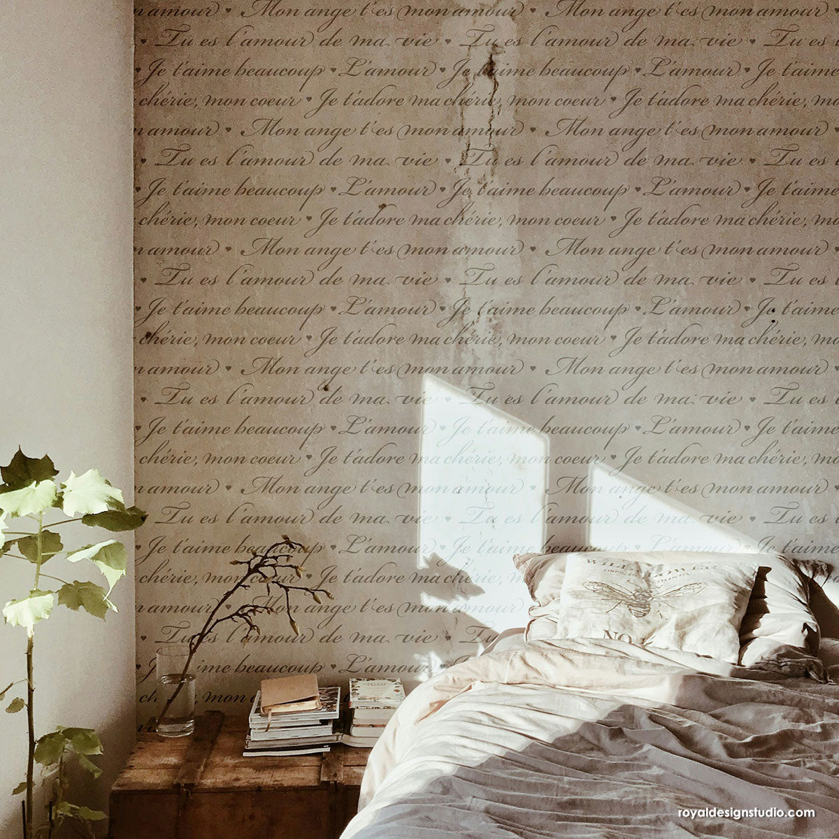 French Love Letters Wall Stencil - Romantic Parisian Decor Stencil for DIY Home Decor, Wedding, Nursery & Bedroom Wall Painting
