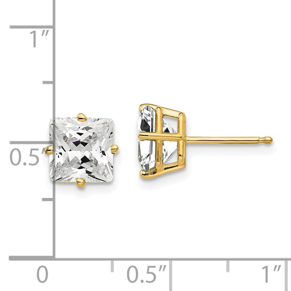 14K Yellow Gold 7mm Princess Cut Cubic Zirconia Stud Earrings for Women - Elegant Fine Jewelry Gift for Her - Perfect for Weddings, Anniversaries & Special Occasions