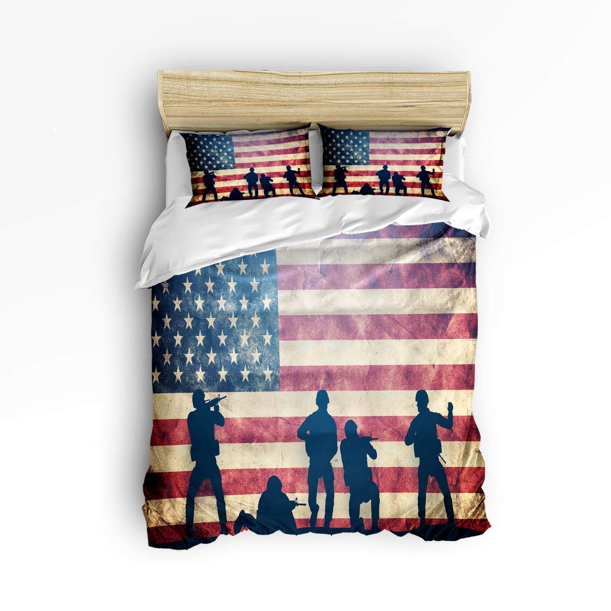 4th of July Patriotic Bedding Set - Queen Size American Flag Duvet Cover with 2 Pillow Cases, Military Silhouette Design, Microfiber Zipper Closure - Perfect for Independence Day Decor, Veterans Day & Memorial Day Celebrations
