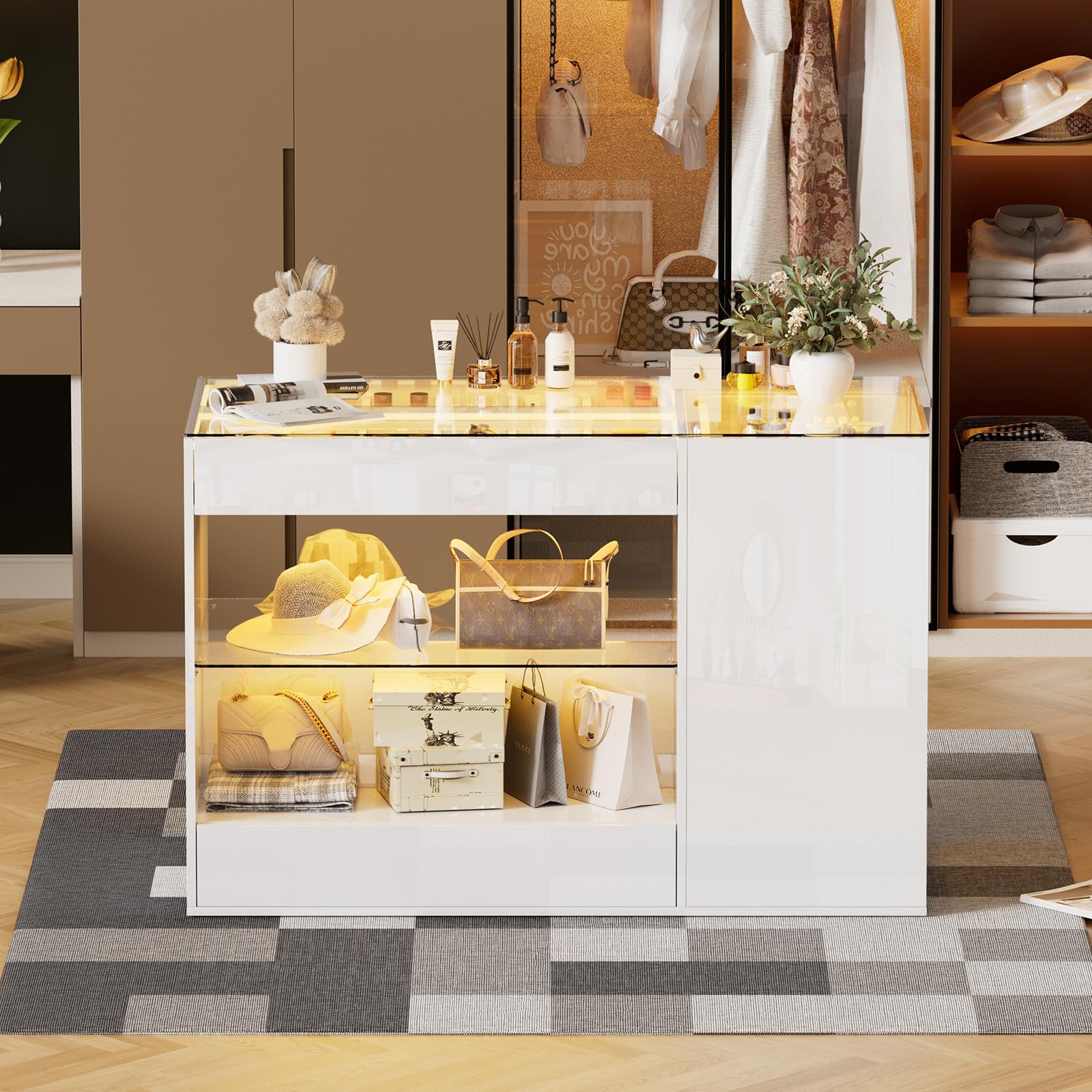 PAKASEPT Modern Closet Island with Drawers - Glossy White Wardrobe Armoire with LED Lights & Glass Tabletop - Bedroom Storage Organizer for Makeup, Jewelry & Clothes - Perfect for Dressing Rooms, Walk-in Closets & Bedroom Organization