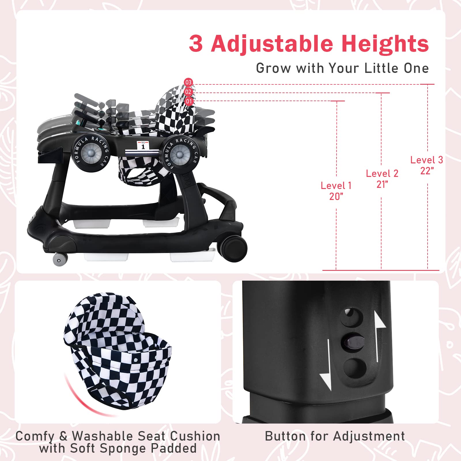 BABY JOY 4-in-1 Foldable Baby Walker with Adjustable Height & Speed - Musical Light-Up Activity Walker with Anti-Rollover Wheels for Toddlers 6-18 Months (Black) | Perfect for Learning to Walk, Indoor Play & Early Development