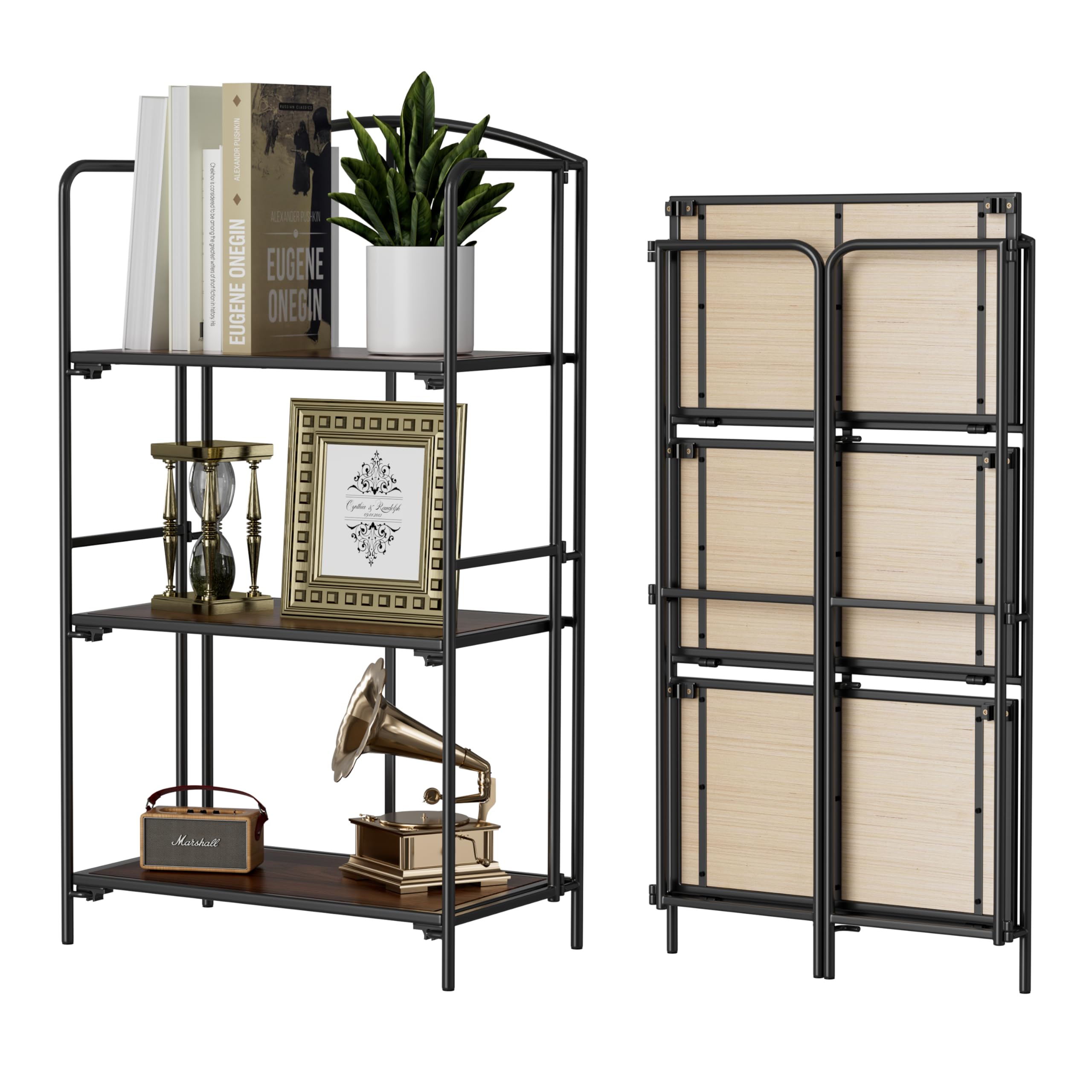 Crofy No Assembly Folding Bookshelf - 3 Tier Black Collapsible Bookcase for Living Room, Home Office & Bedroom | Portable Storage Organizer for Books, Magazines & Decor | Space Saving Solution for Small Spaces