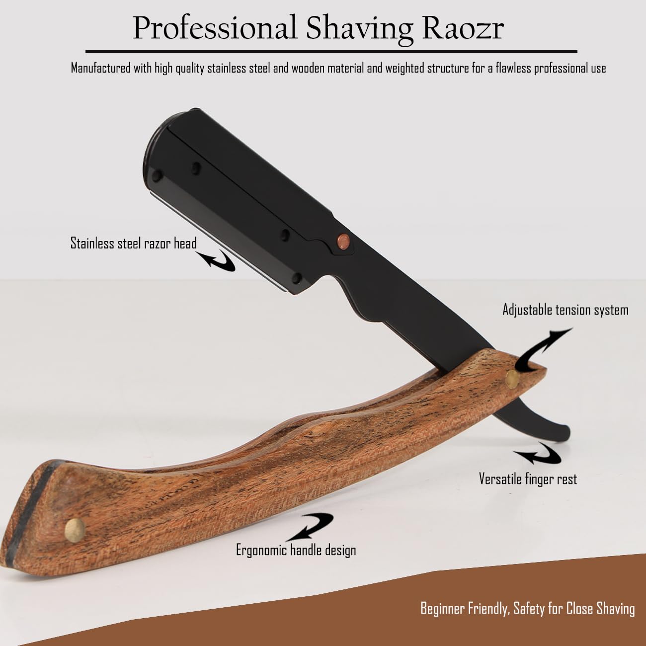 Professional Stainless Steel Straight Razor for Men - Barber Shaving Razor with 10 Replacement Blades & Wooden Handle (Brown) | Perfect for Home Grooming, Beard Shaping and Professional Barber Use