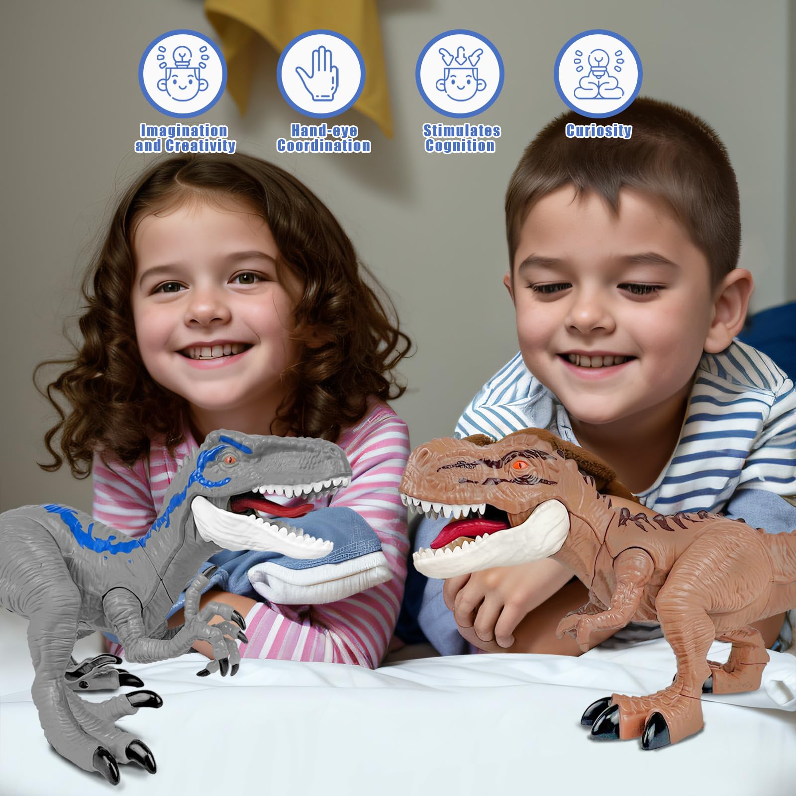 2PCS Realistic Dinosaur Toys Set - Velociraptor & T-Rex with Roaring Sound & Attack Action - Educational Dino Toys for Kids Ages 3-5 - Perfect for Birthday Gifts, Stocking Stuffers & Pretend Play Adventures