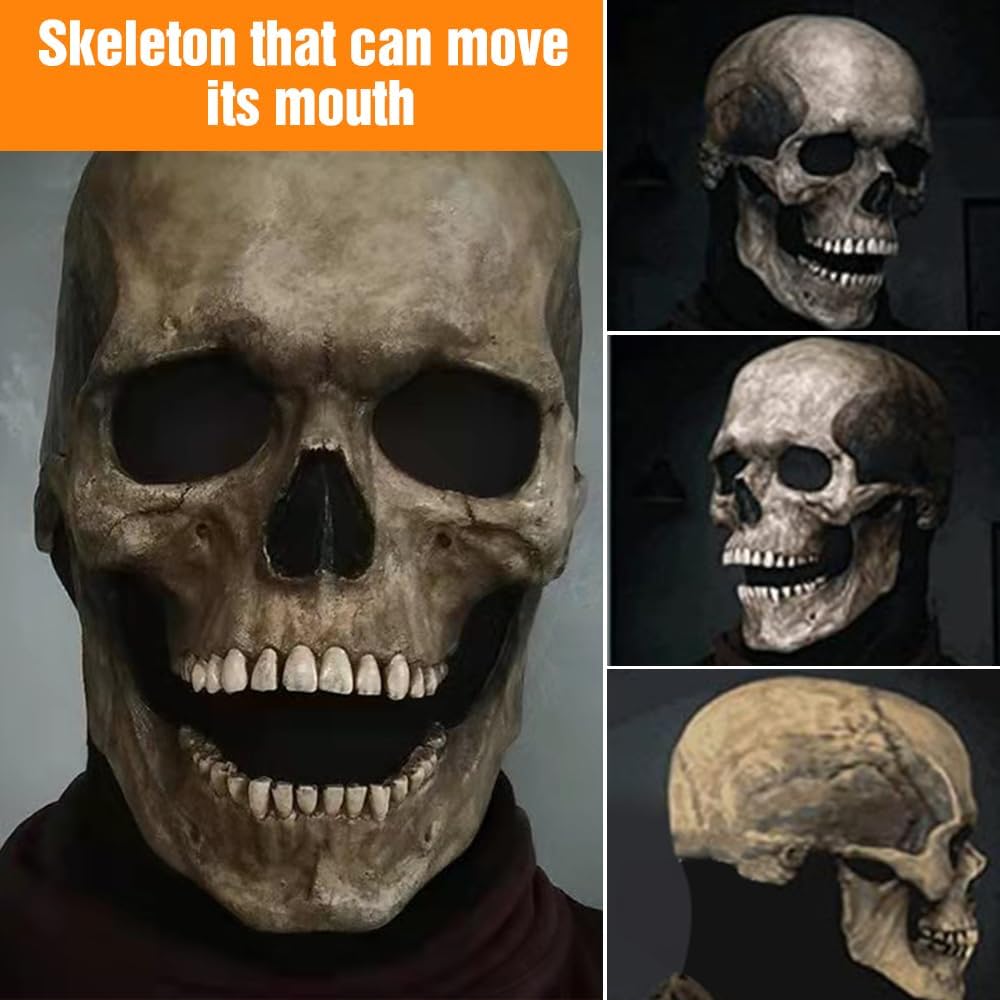 2024 New Full Head Skull Mask with Movable Jaw - Scary Halloween Mask for Costume Parties & Decorations (Grey) | Perfect for Halloween, Cosplay, Horror Events & Themed Parties