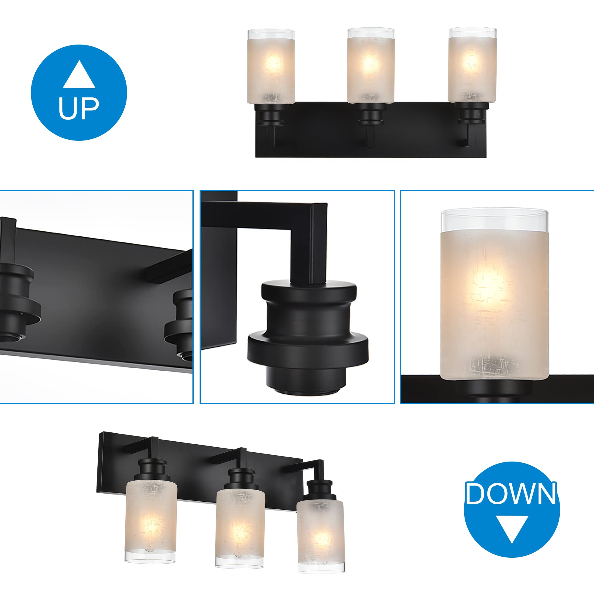 Matte Black Bathroom Vanity Light - 3 Lights Farmhouse Sconce for Bathroom Bedroom Hallway