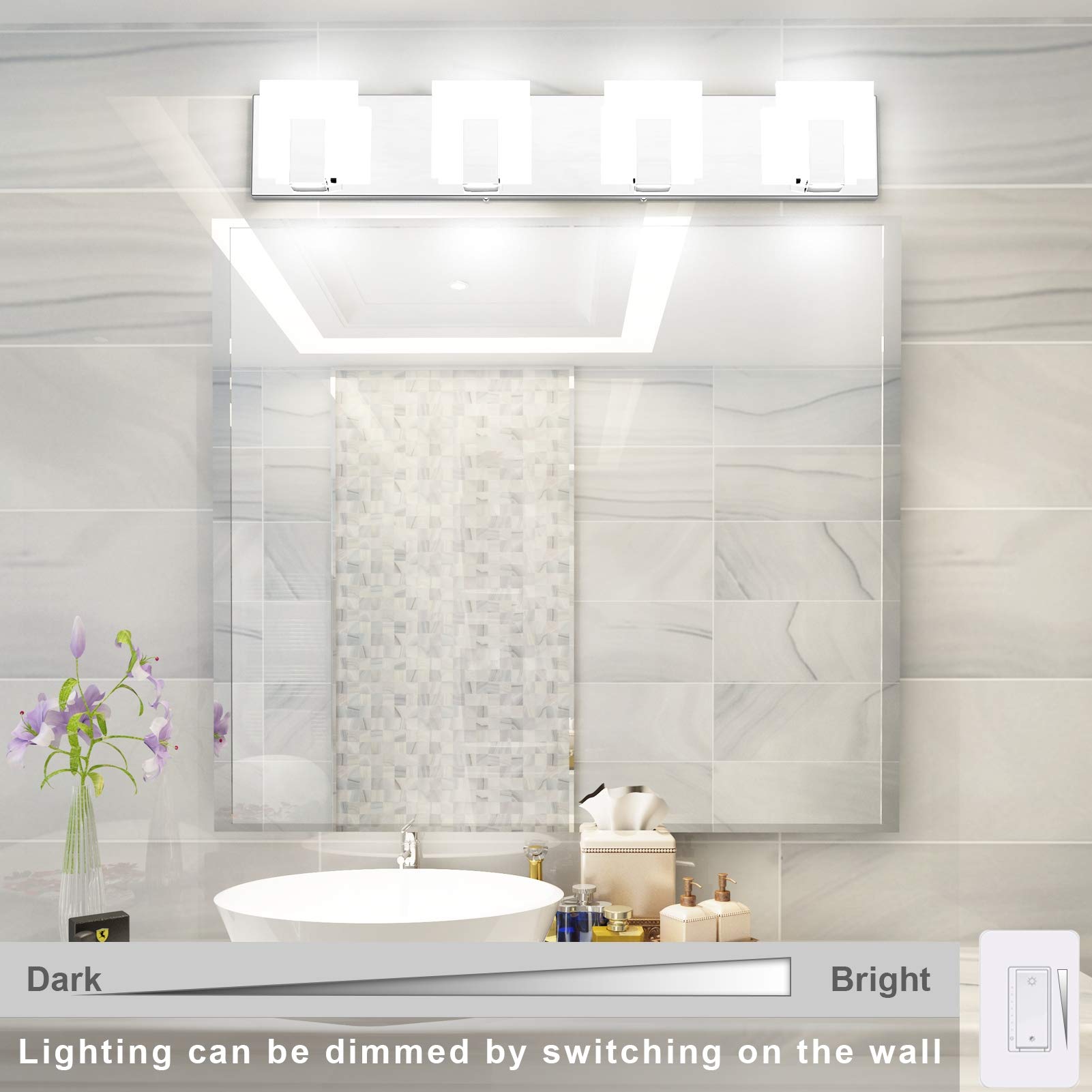 Aipsun 4-Light Dimmable Modern LED Vanity Light - Frosted White Acrylic & Chrome Bathroom Wall Fixture for Mirror (6000K White Light) - Perfect for Bathroom, Powder Room & Dressing Area Lighting