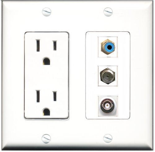 RiteAV 15 Amp Power Outlet Wall Plate with 1 RCA Port, 1 Coax Port & 1 BNC Port - Decorative Multi-Port Cover for Home Theater, Office & AV Setup