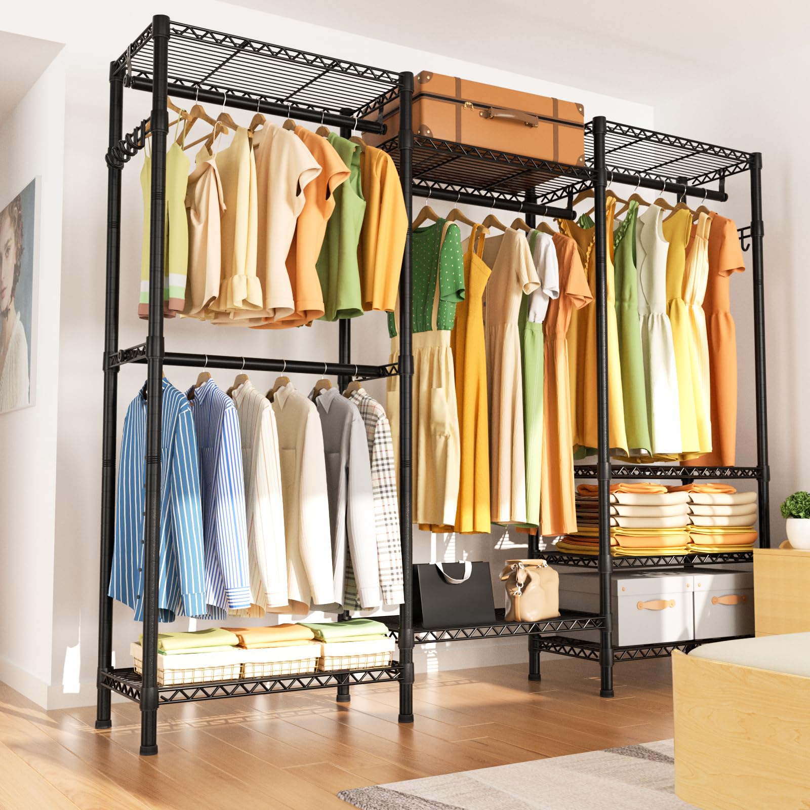 Heavy Duty Garment Rack - Large Freestanding Clothes Rack with 8 Adjustable Wire Shelves & 4 Hanging Rods, 800lbs Capacity Metal Wardrobe Organizer for Closet Storage | Perfect for Bedroom, Laundry Room, Walk-in Closet and Clothing Boutique