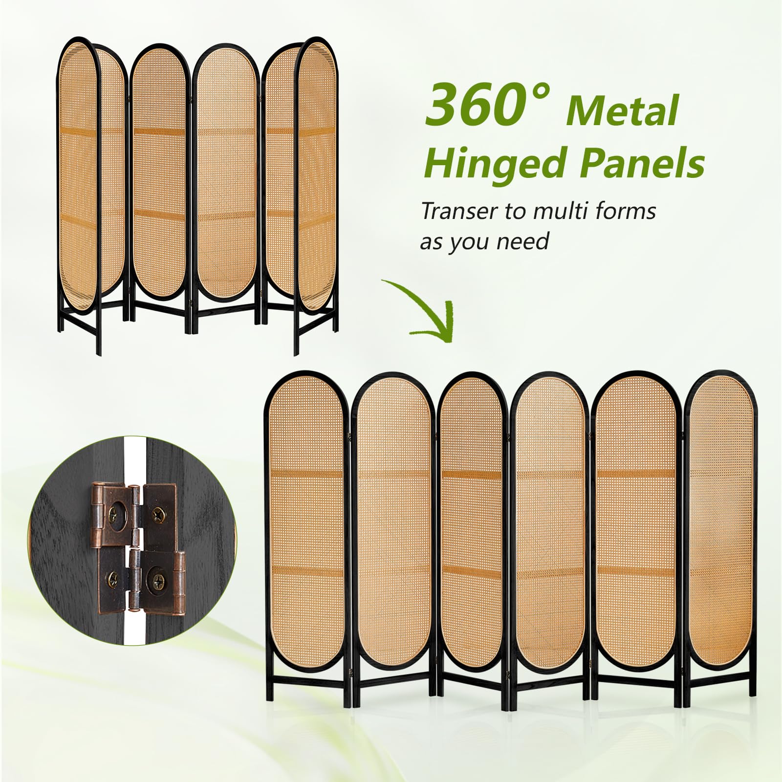 6 Panels Hand-Woven Rattan Room Divider - Freestanding Folding Privacy Screen for Home Office & Bedroom - Wooden Partition Wall for Indoor Space Separation - Black