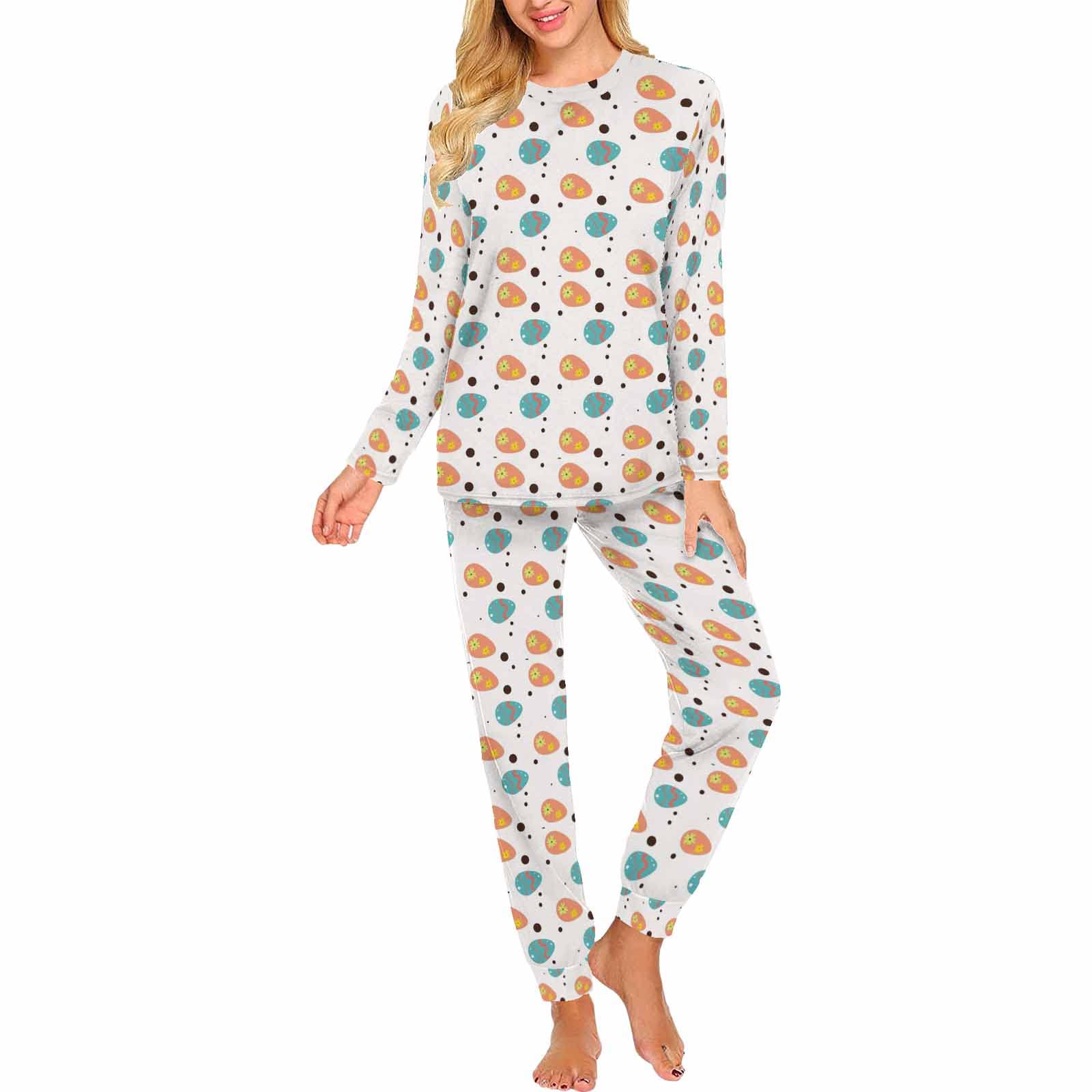 Happy Easter Day Pink Easter Egg Print Women's Long Sleeve Sweatshirt & Pants 2-Piece Pajama Set - Cozy Loungewear for Easter Celebrations, Holiday Gifts & Relaxing at Home