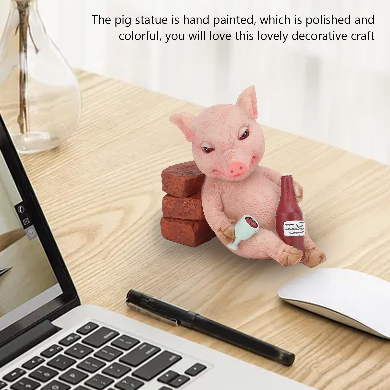 Mini Pig Figurine Statue - Hand Painted Lucky Animal Decor for Home, Office & Garden - Retro Style Drinking Pig Sculpture with Red Eyes - Perfect for Desktop Decor, Micro Landscapes & Gift Giving