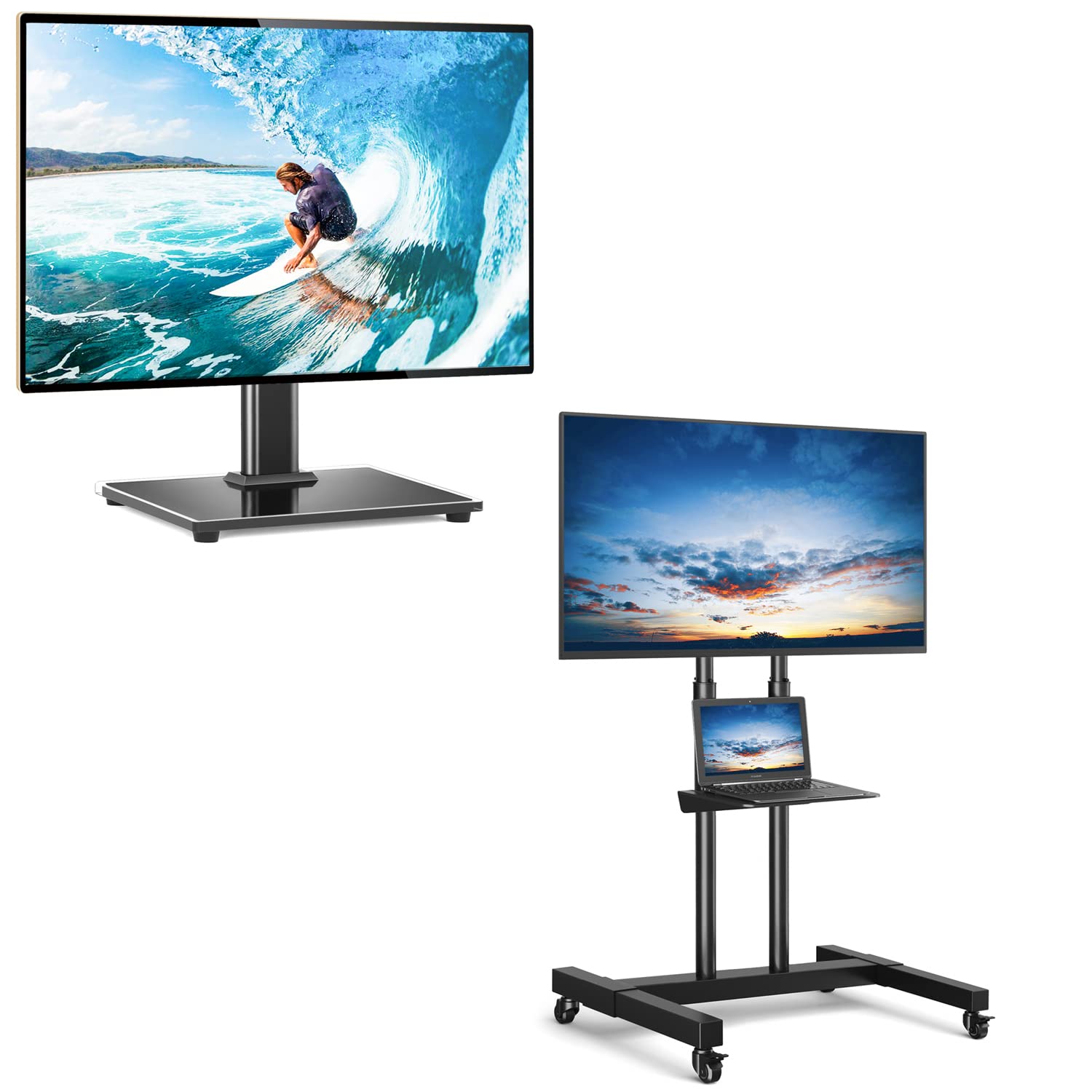 Universal Adjustable Table Top TV Stand for 27-60 Inch Flat Screens & Mobile TV Stand with Lockable Wheels for 32-75 Inch TVs - Perfect for Living Room, Bedroom, or Office Setup