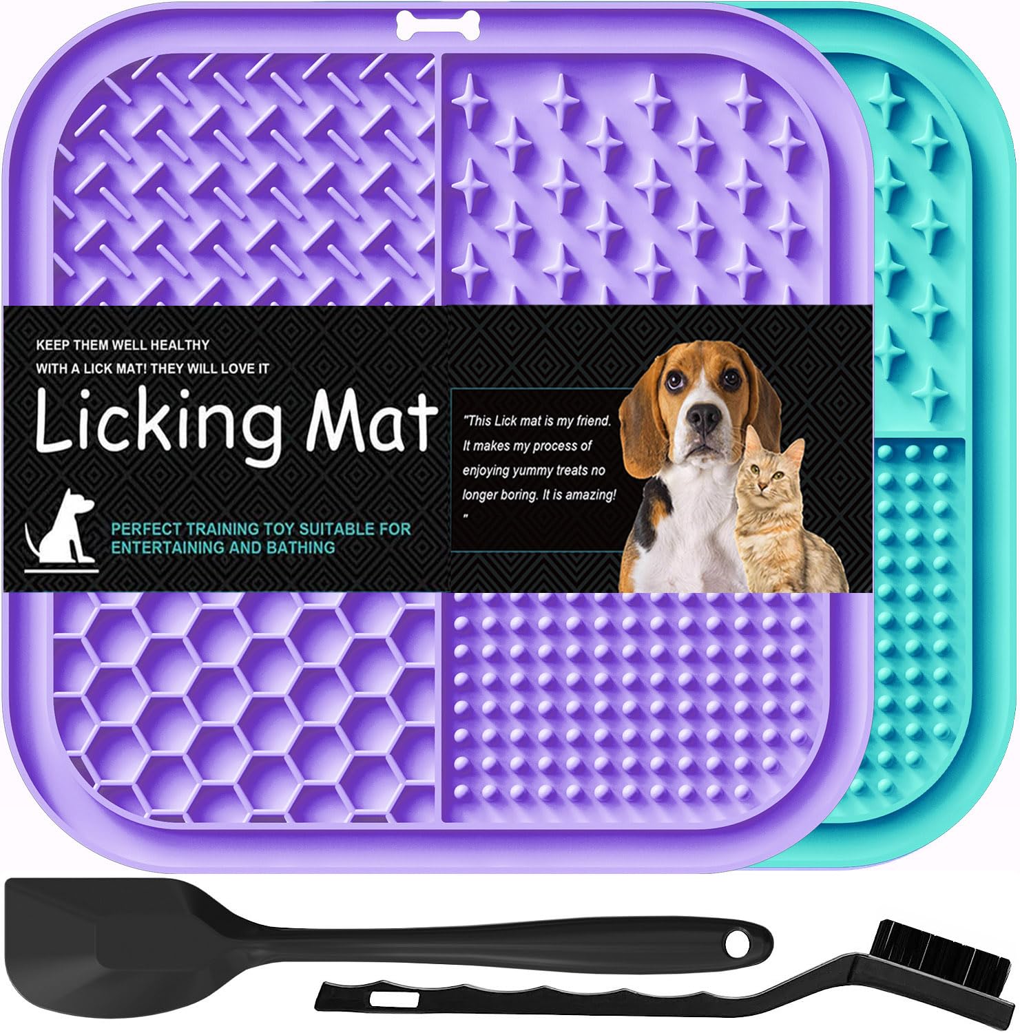 Lesipee 2 Pack Slow Feeder Licking Mat for Dogs & Cats - Anxiety Relief Pet Lick Mat for Butter, Yogurt & Peanut Butter - Calming Grooming & Training Mat for Bath Time - Cyan & Purple (Perfect for Stress Relief & Mealtime Enrichment)