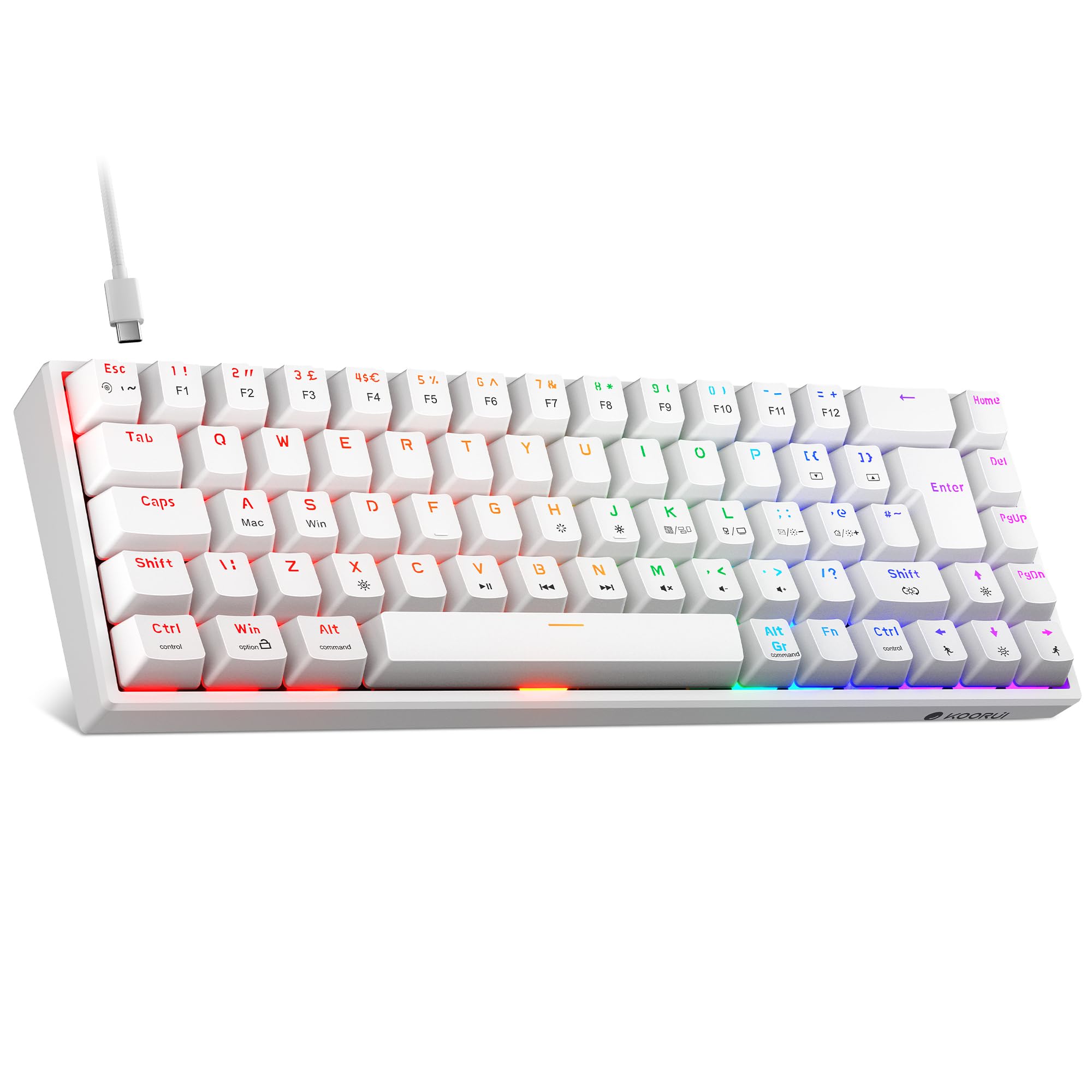 KOORUI 60% Compact Mechanical Gaming Keyboard with Blue Switches - 69 Key RGB Backlit Wired Mini Keyboard for Windows PC, Mac OS, Xbox - White | Perfect for Gaming, Office Work & Typing Enthusiasts