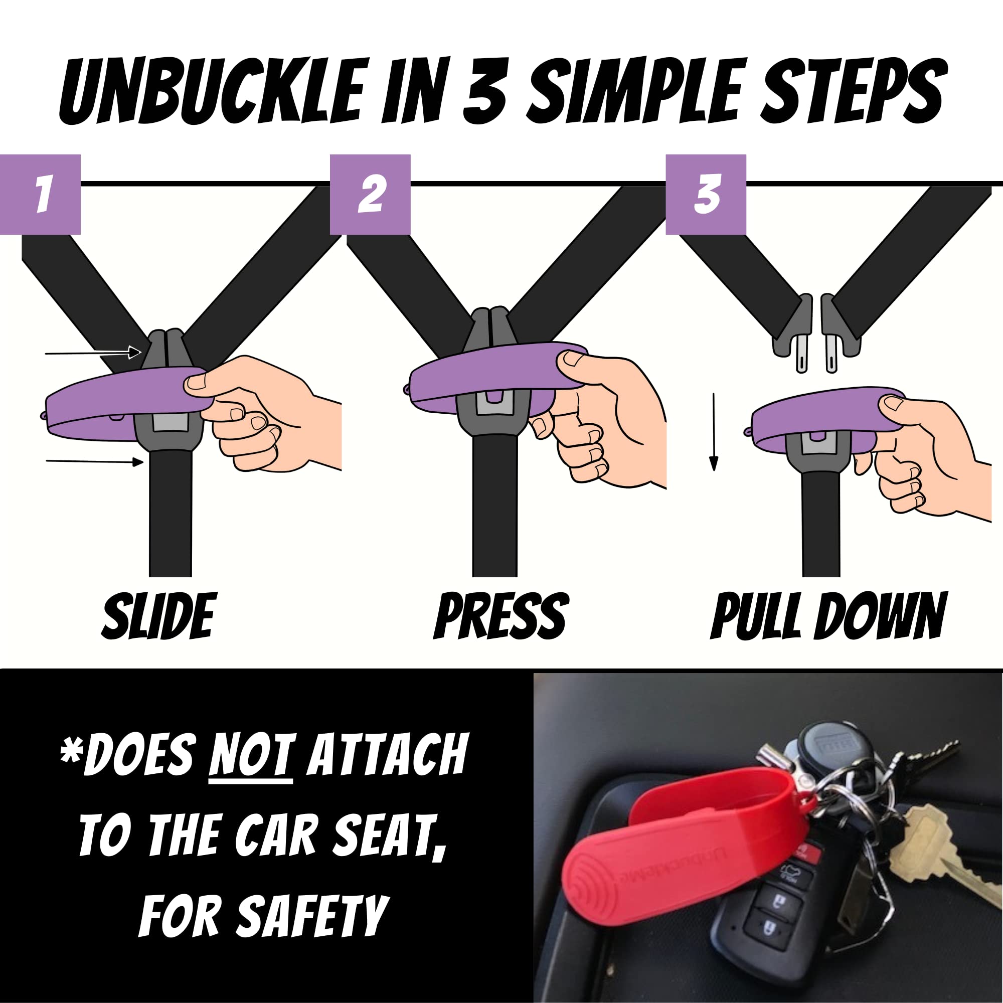 UnbuckleMe Car Seat Buckle Release Tool - Gray & Purple 2 Pack - Easy Child Safety Solution for Parents - Perfect for Travel, School Pickup & Emergency Situations