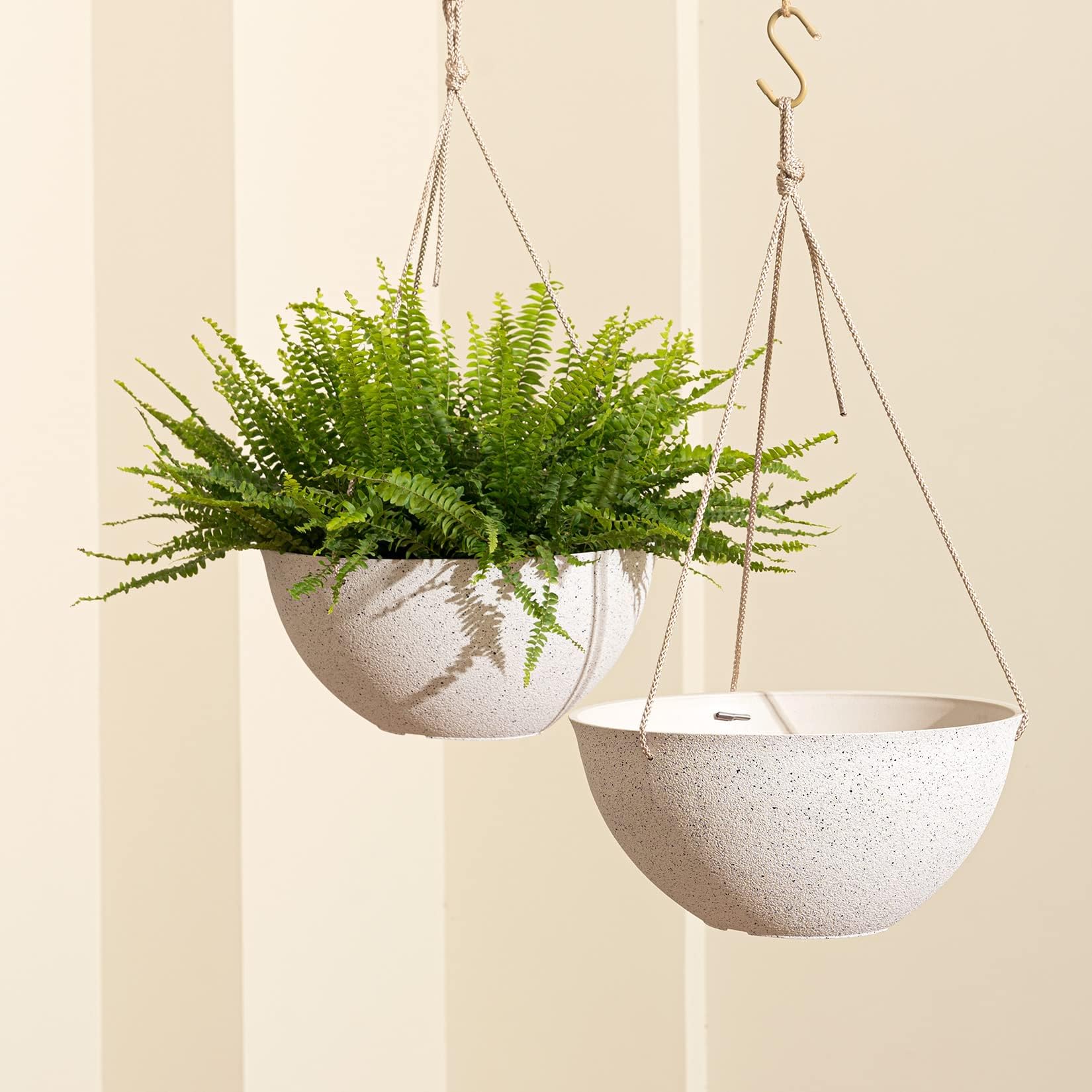 LA JOLIE MUSE 13 Inch Large Hanging Planters for Outdoor Plants - Set of 2 Speckled White Flower Pots for Patio, Garden & Balcony Decor