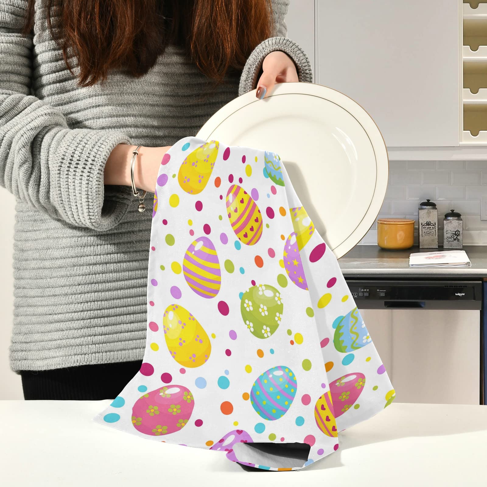 ALAZA Happy Easter Polka Dot Egg Kitchen Towels Set of 4 - Super Absorbent Soft Dish & Tea Towels (18x28 Inches) - Perfect for Spring Cleaning, Holiday Decor & Kitchen Essentials