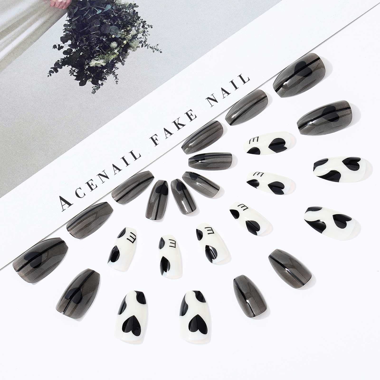 Acenail Press on Nails - Medium Length Glossy Fake Nails with 3D French Tip Designs, 24Pcs Clear Full Cover Acrylic Artificial Nails for Women & Girls (#7 Coffin Heart) - Perfect for Parties, Weddings & Everyday Glam