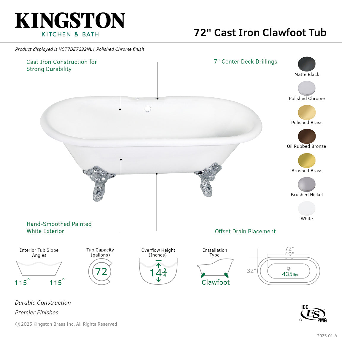 Aqua Eden 72 Inch White Clawfoot Bathtub - Cast Iron Oval Double Ended Freestanding Tub with 7 Inch Faucet Drillings | Perfect for Vintage Bathroom Decor & Luxury Spa Retreats