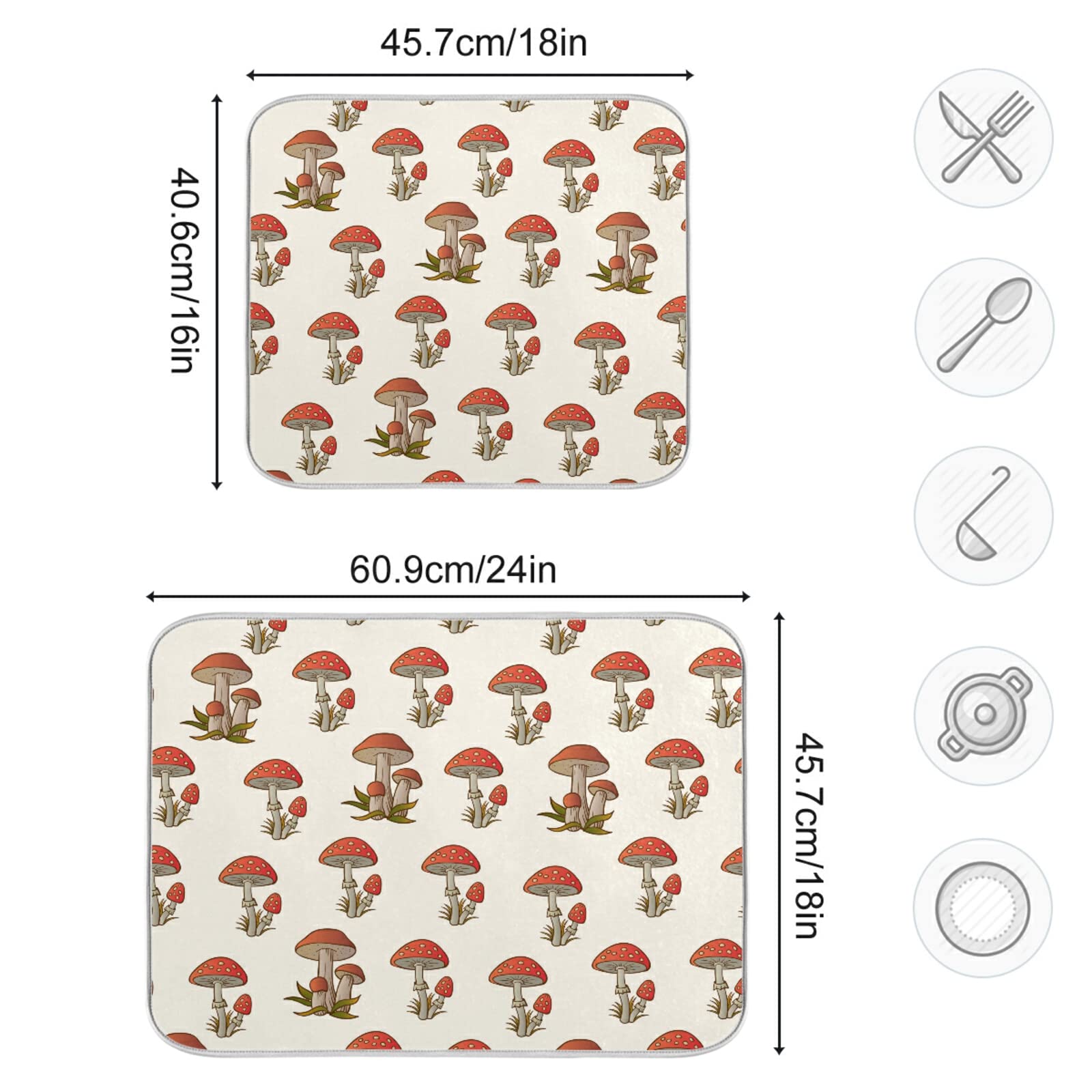 Amanita Red Mushroom Dish Drying Mat 18x24in - Absorbent Kitchen Counter Mat for Coffee Maker & Dishes