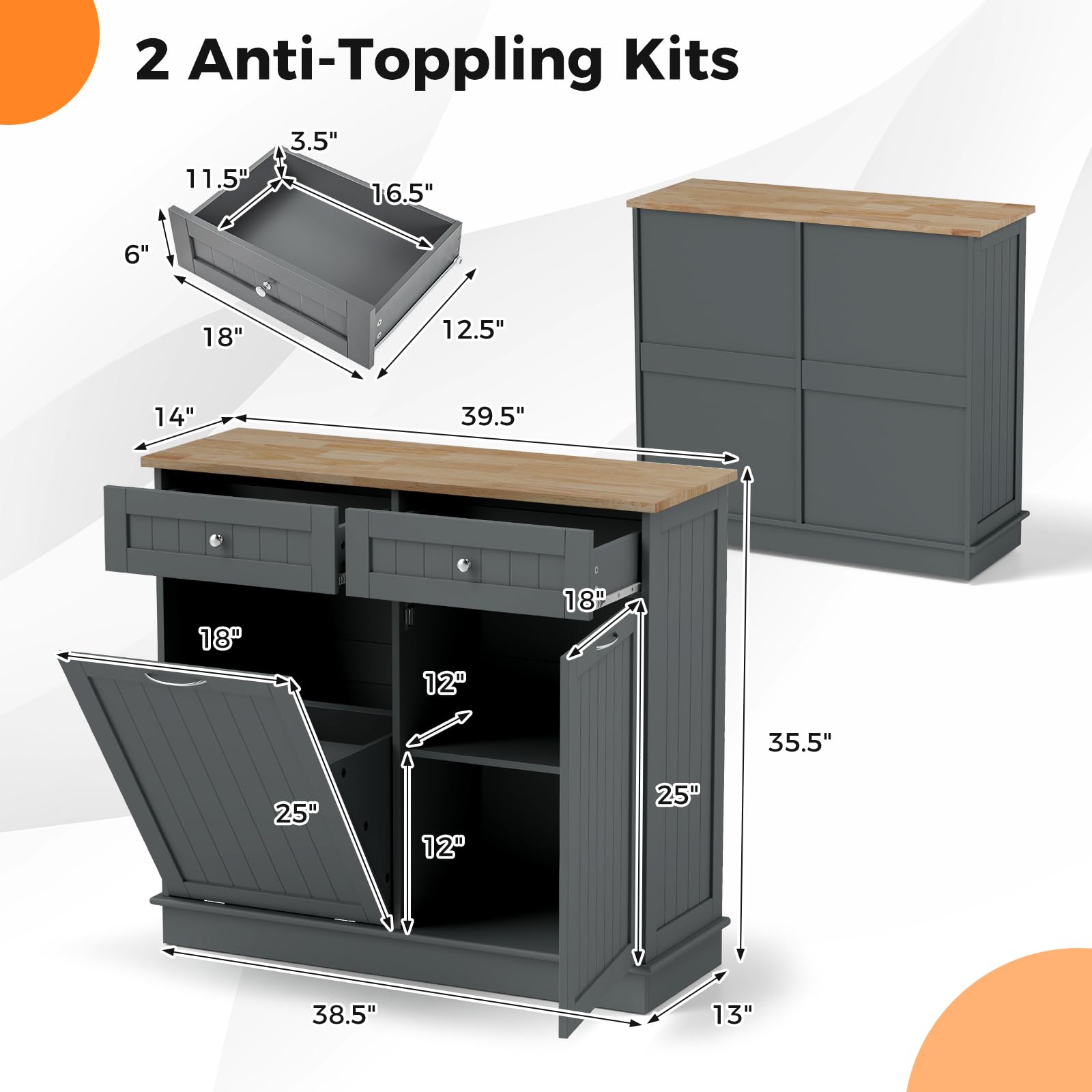 Freestanding Tilt-Out Trash Cabinet with 2 Drawers & Adjustable Shelf - Rubber Wood Countertop Kitchen Island Organizer, Laundry Hamper & Pet-Proof Recycling Bin Holder (Gray) | Perfect for Small Kitchens, Laundry Rooms & Pet-Friendly Homes