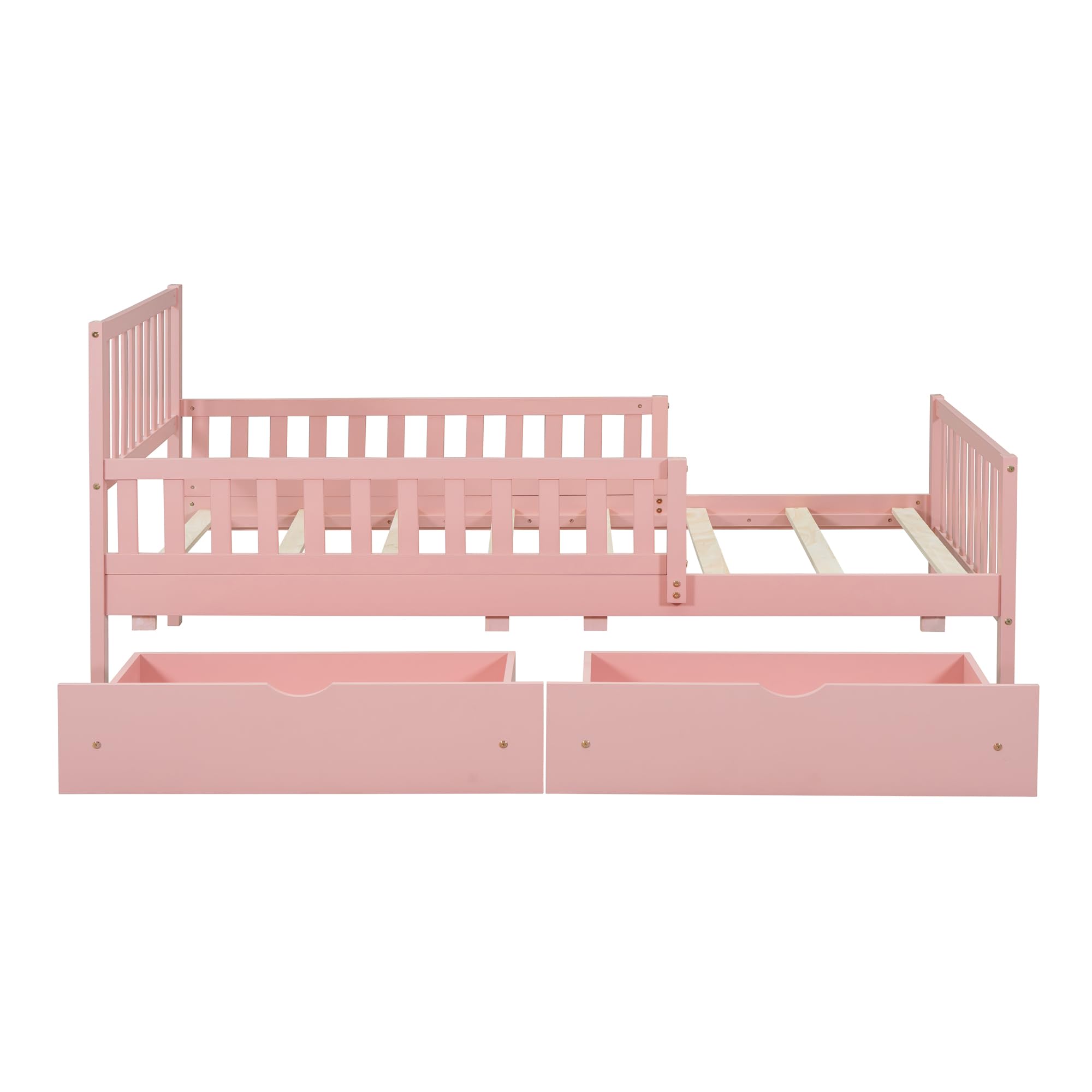 Pink Twin Size Kids Bed Frame with Guardrails, Low Platform Bed with Headboard & Footboard - 2 Storage Drawers for Boys & Girls | Perfect for Small Bedrooms, Daycare Centers & Kids' Sleepovers