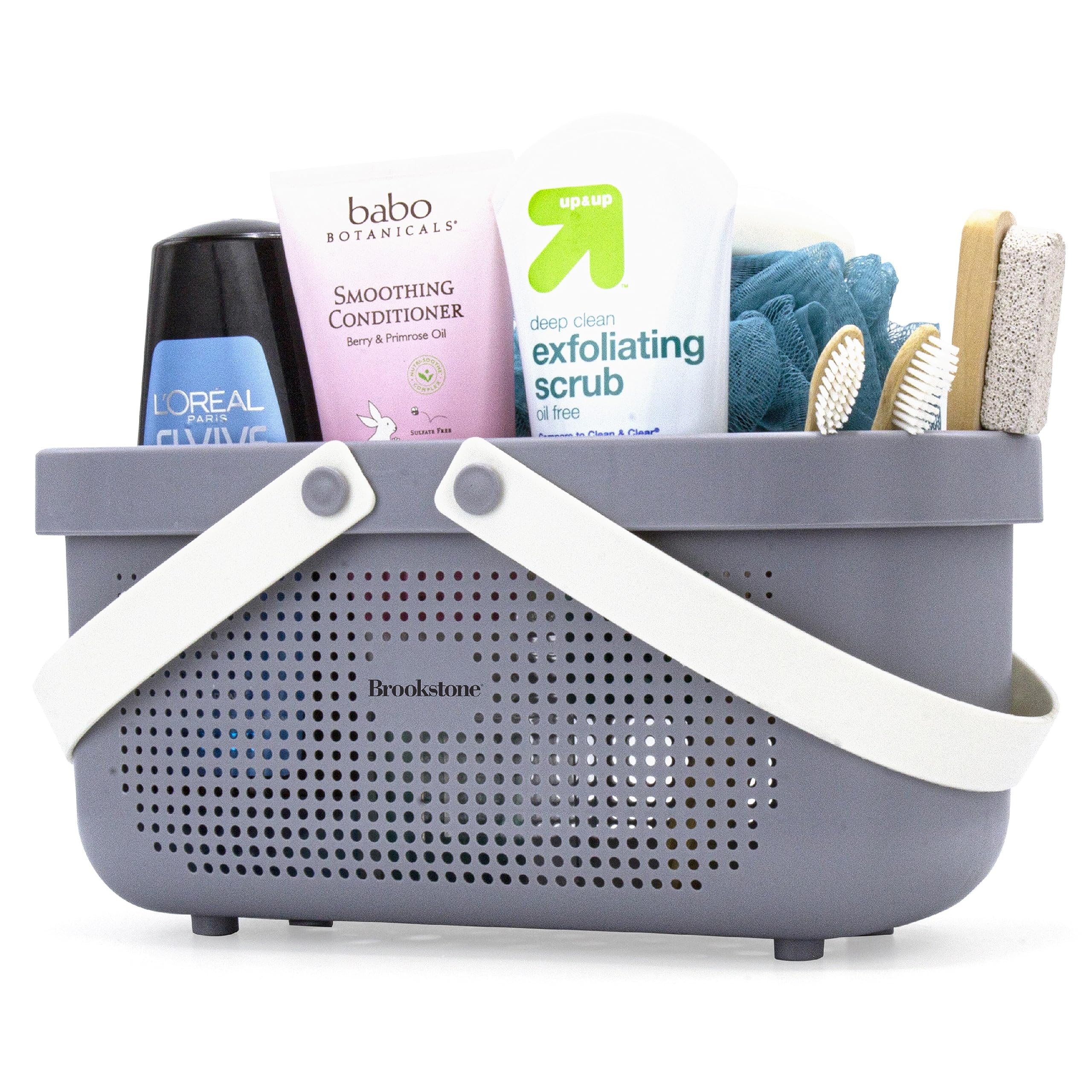 Brookstone BKH1633 Large Portable Shower Caddy - BPA Free Bathroom Organizer with Soft Silicone Handle, Quick-Dry Plastic Bath Tote Basket with Drainage Holes - Perfect for Shower, Bath, and Travel Storage (Gray)
