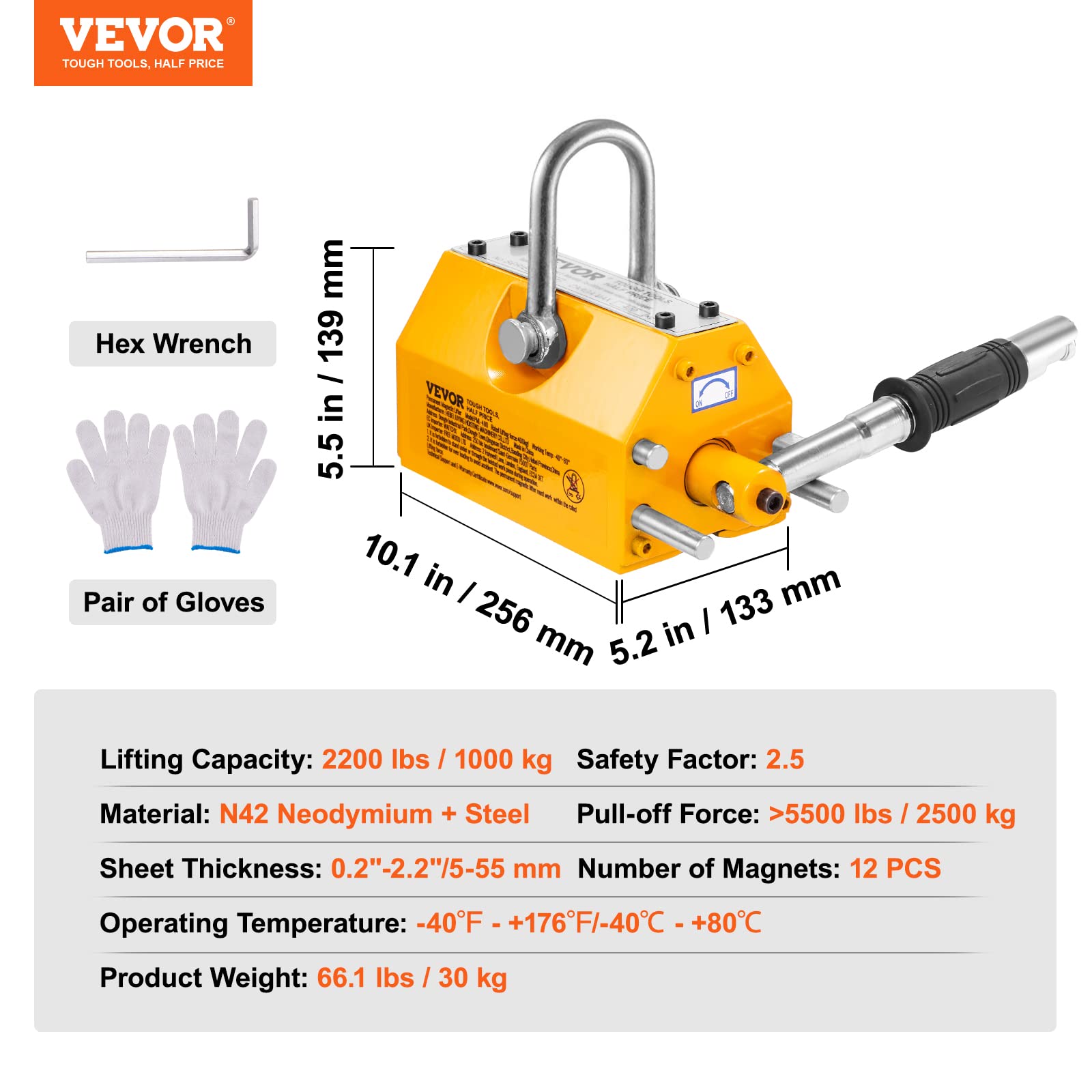 VEVOR 2200lbs Permanent Magnetic Lifter with Quick Release - Heavy Duty 1000kg Neodymium Magnet for Steel Plates, Blocks & Machinery - 2.5 Safety Factor - Ideal for Construction, Workshops & Industrial Lifting Operations