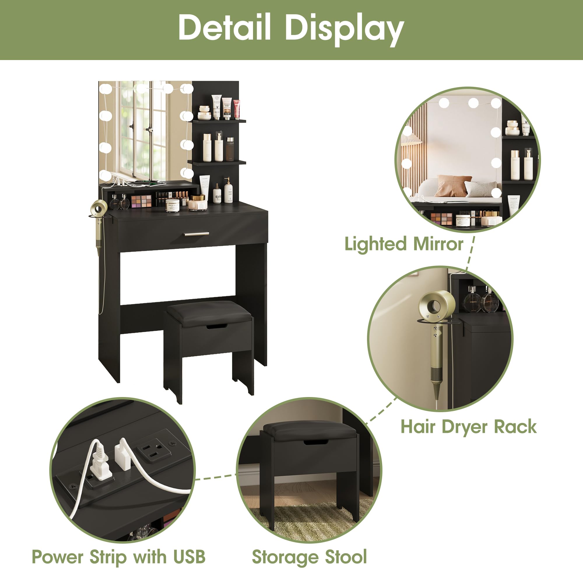 Vabches Makeup Vanity Table with LED Lighted Mirror & Power Outlet, Vanity Desk with Storage Drawers, 3 Lighting Modes & Adjustable Brightness, 31.45