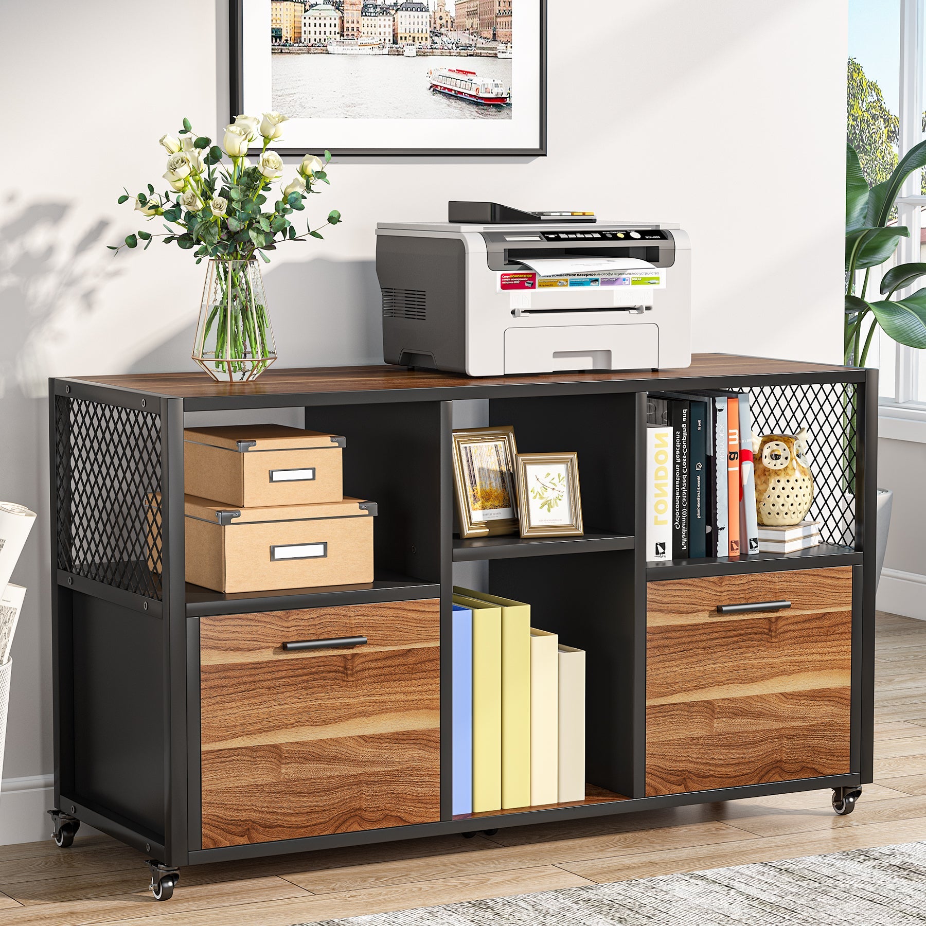 2 Drawer Wooden Mobile Lateral File Cabinet - Office Storage Solution for Documents & Files - Perfect for Home, Office & Workspace Organization