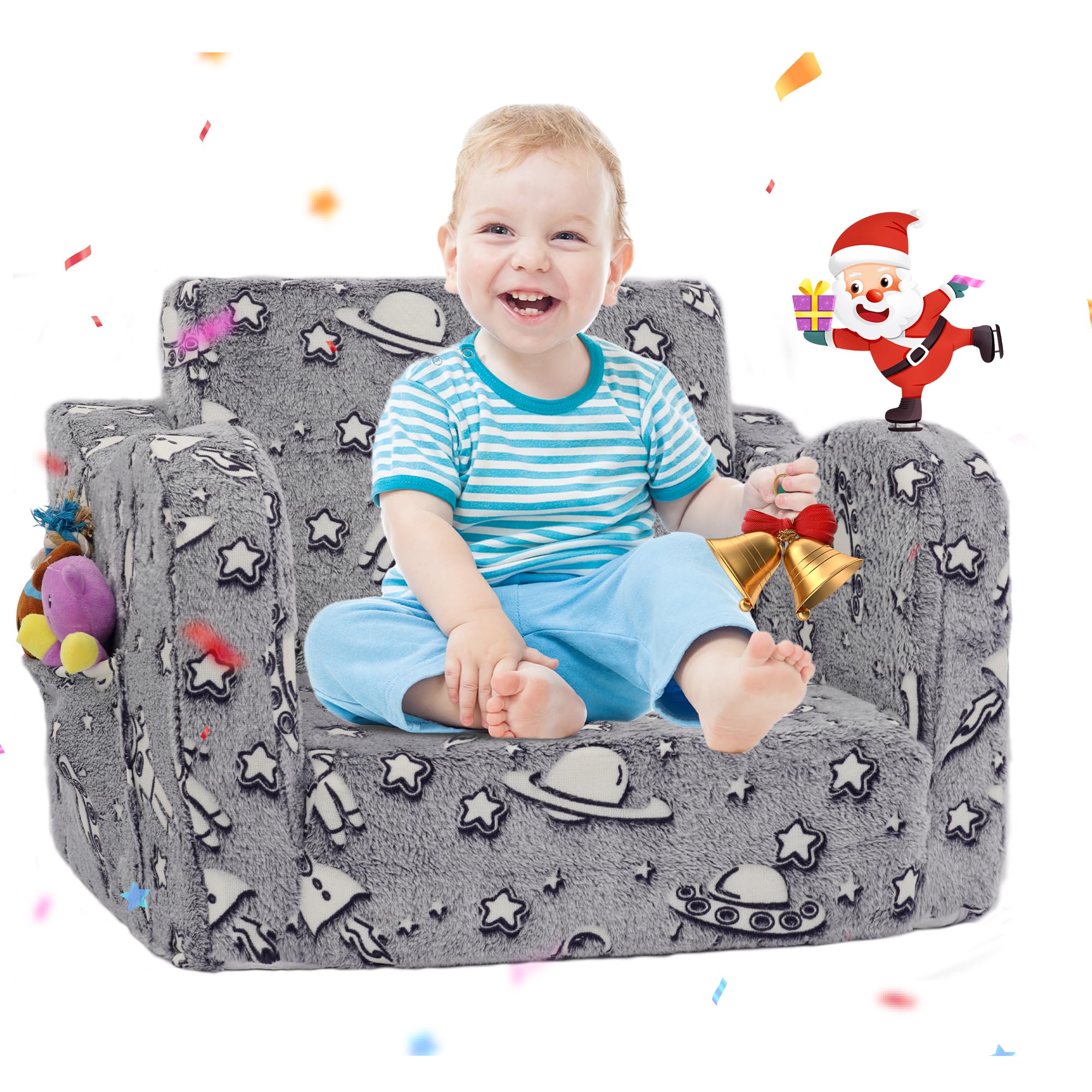 2-in-1 Glow in The Dark Toddler Couch Bed - Convertible Sofa to Lounger for Boys & Girls | Foldable Kids Furniture for Playroom, Nursery & Bedtime Reading