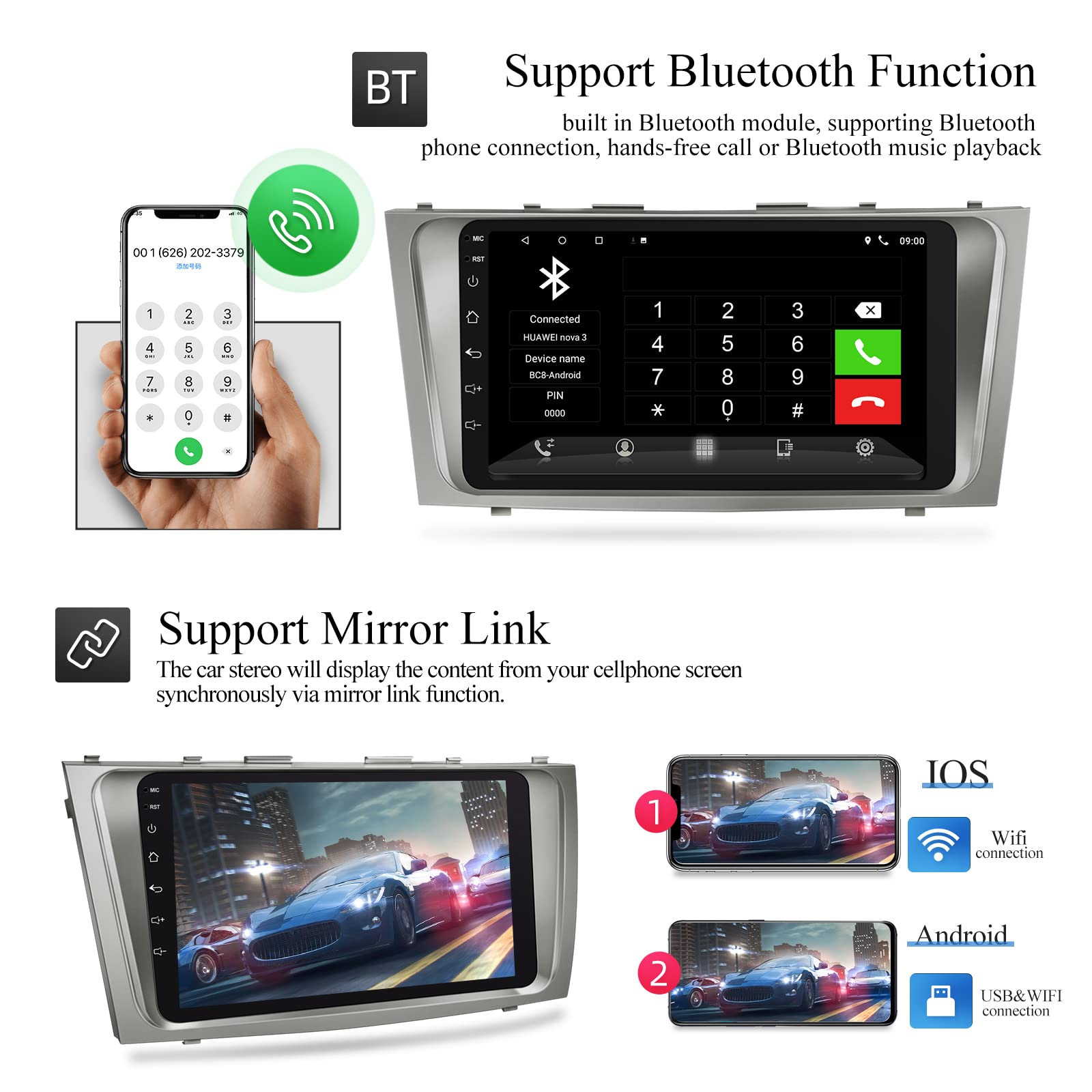 NHOPEEW 9 Inch Android 13 Car Stereo for Toyota Camry 2007-2011 | 2GB RAM 32GB ROM | Wireless Apple CarPlay & Android Auto | GPS Navigation, Bluetooth, WiFi | HD Touchscreen with Backup Camera & Mic - Perfect for Commuting, Road Trips & Hands-Free Driving