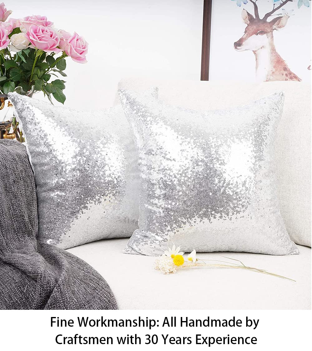 ShinyBeauty 24x24 Inch Sequin Pillow Covers - Pack of 2 Silver Decorative Throw Pillow Cases for Sofa, Bed & Couch - Reversible Glitter Cushion Covers for Home Decor, Living Room & Bedroom Accents