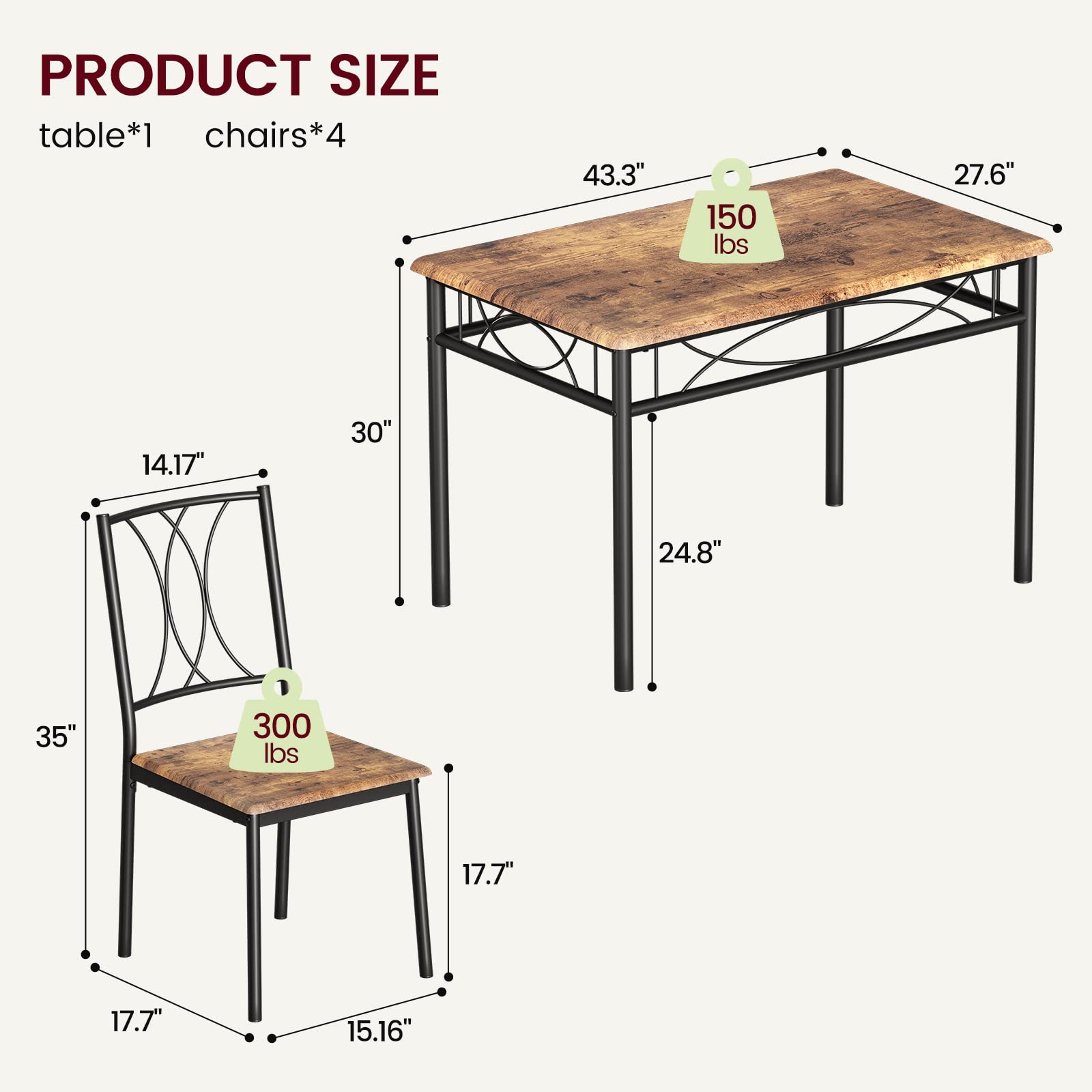 CABIHOME 4-Piece Retro Brown Dining Table Set with 4 Chairs - Compact Rectangular Kitchen Table for Small Spaces, Apartments & Dining Rooms | Perfect for Breakfast Nooks, Cozy Meals & Entertaining Guests
