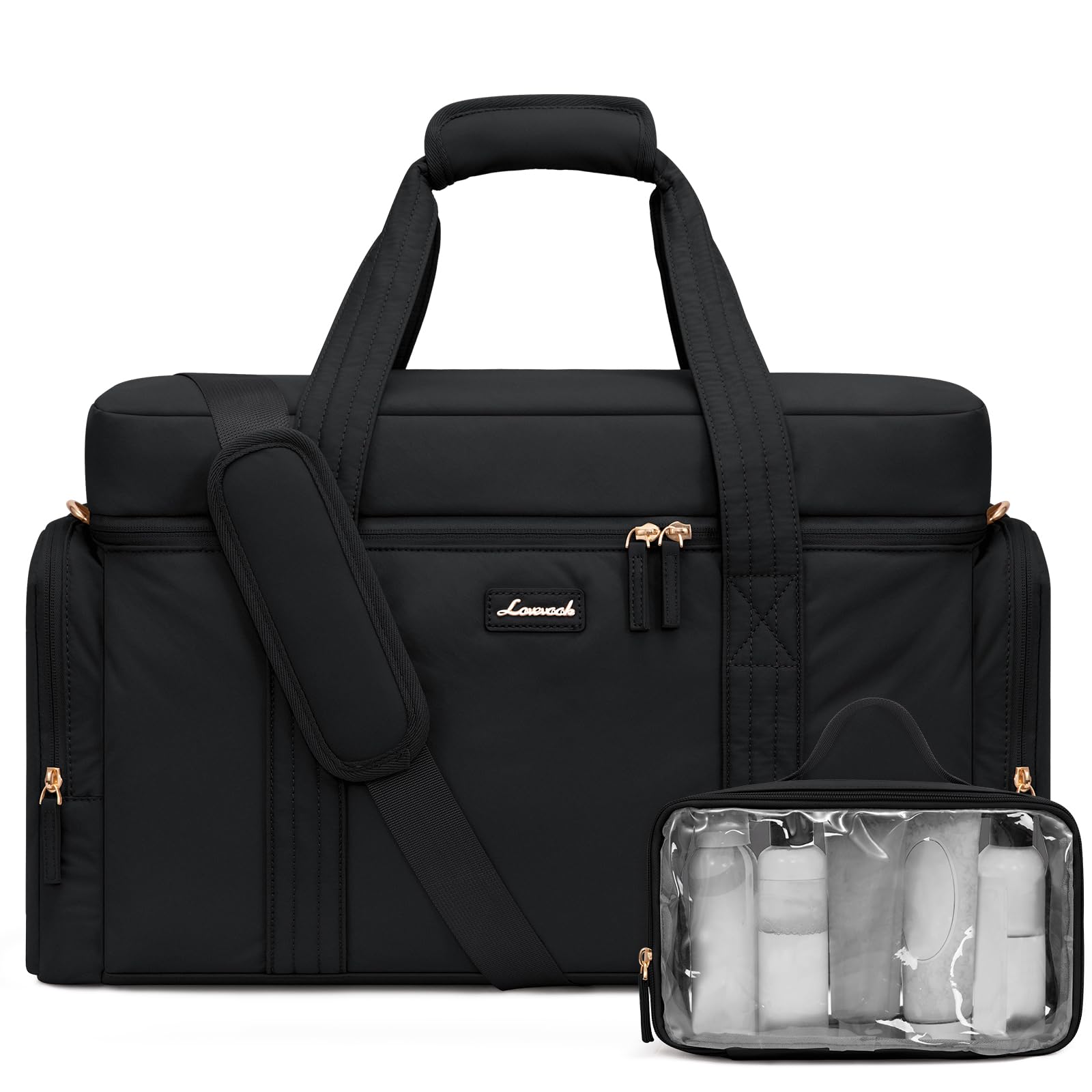 LOVEVOOK Women's Puffer Weekender Duffle Bag - 3-Piece Set with Toiletry Bag & Wet Pocket - Perfect for Travel, Gym, Yoga, Hospital & Airplane Carry-On (Black) | Ideal for Weekend Getaways, Workouts & Maternity Hospital Stays