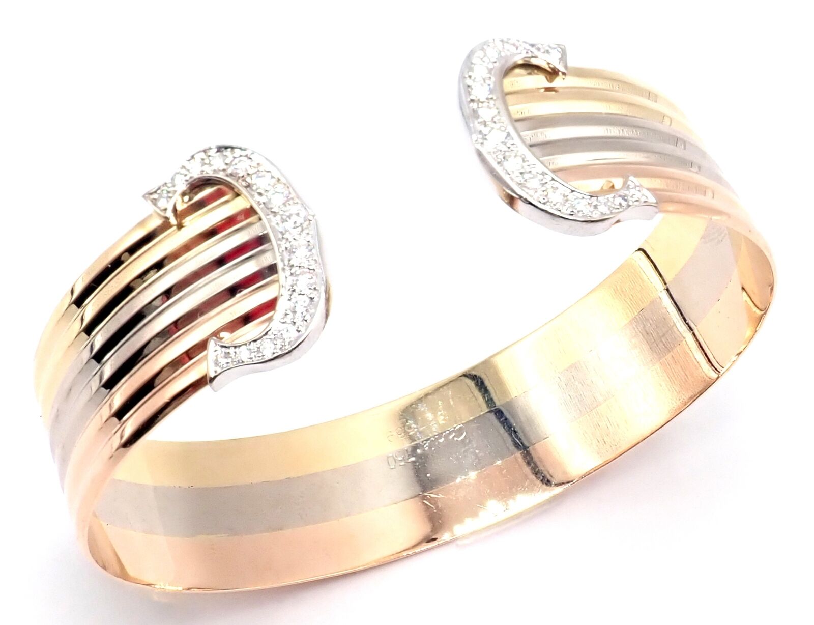 Authentic Cartier 18k Tri-Color Gold Diamond Double C Wide Cuff Bangle Bracelet - Luxury Jewelry for Women, Perfect for Weddings, Parties & Special Occasions