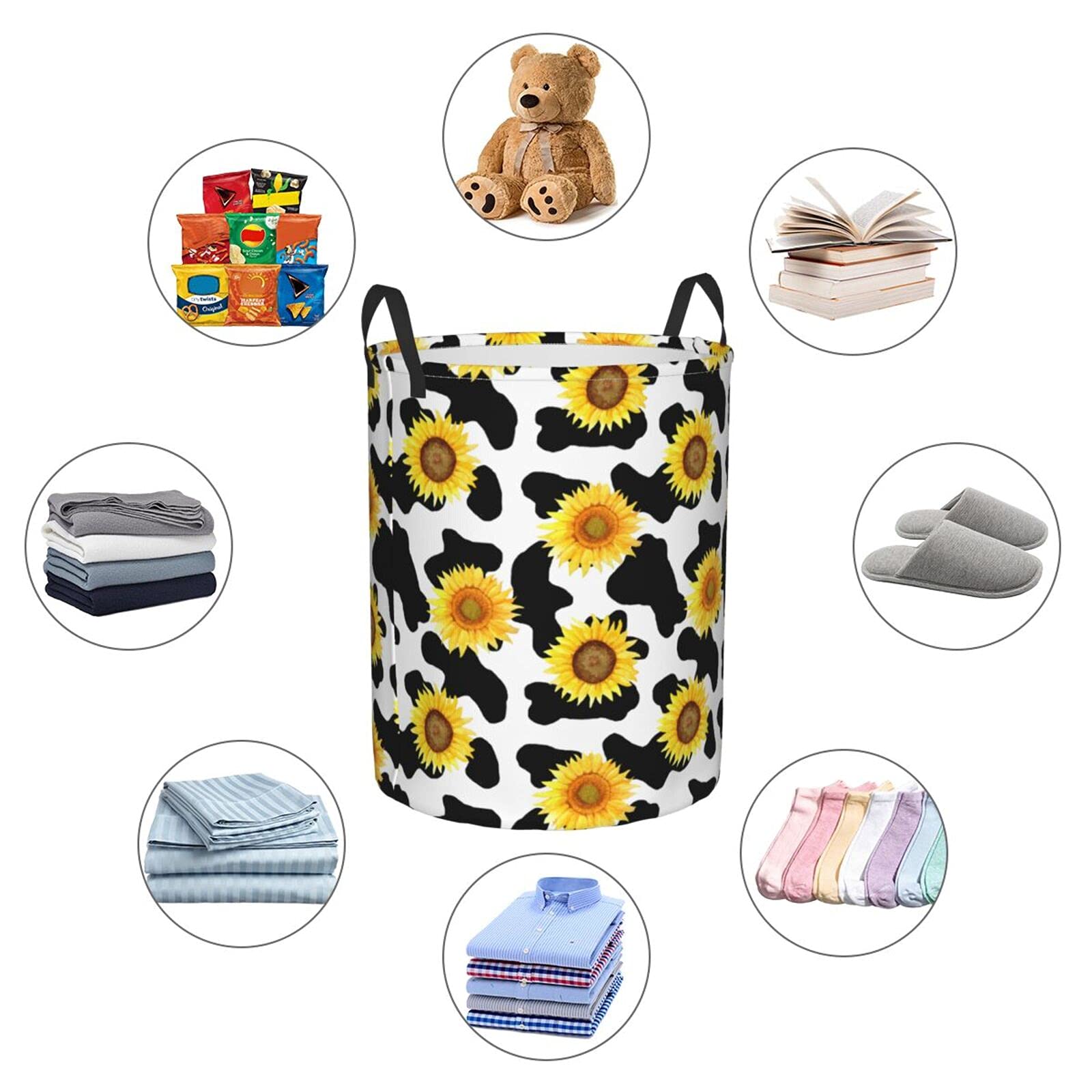 Sunflower Cow Print Collapsible Laundry Basket with Handles - Waterproof Fabric Hamper Organizer for Clothes, Toys & Bathroom Storage - Perfect for Laundry Room, Dorm & Nursery Organization