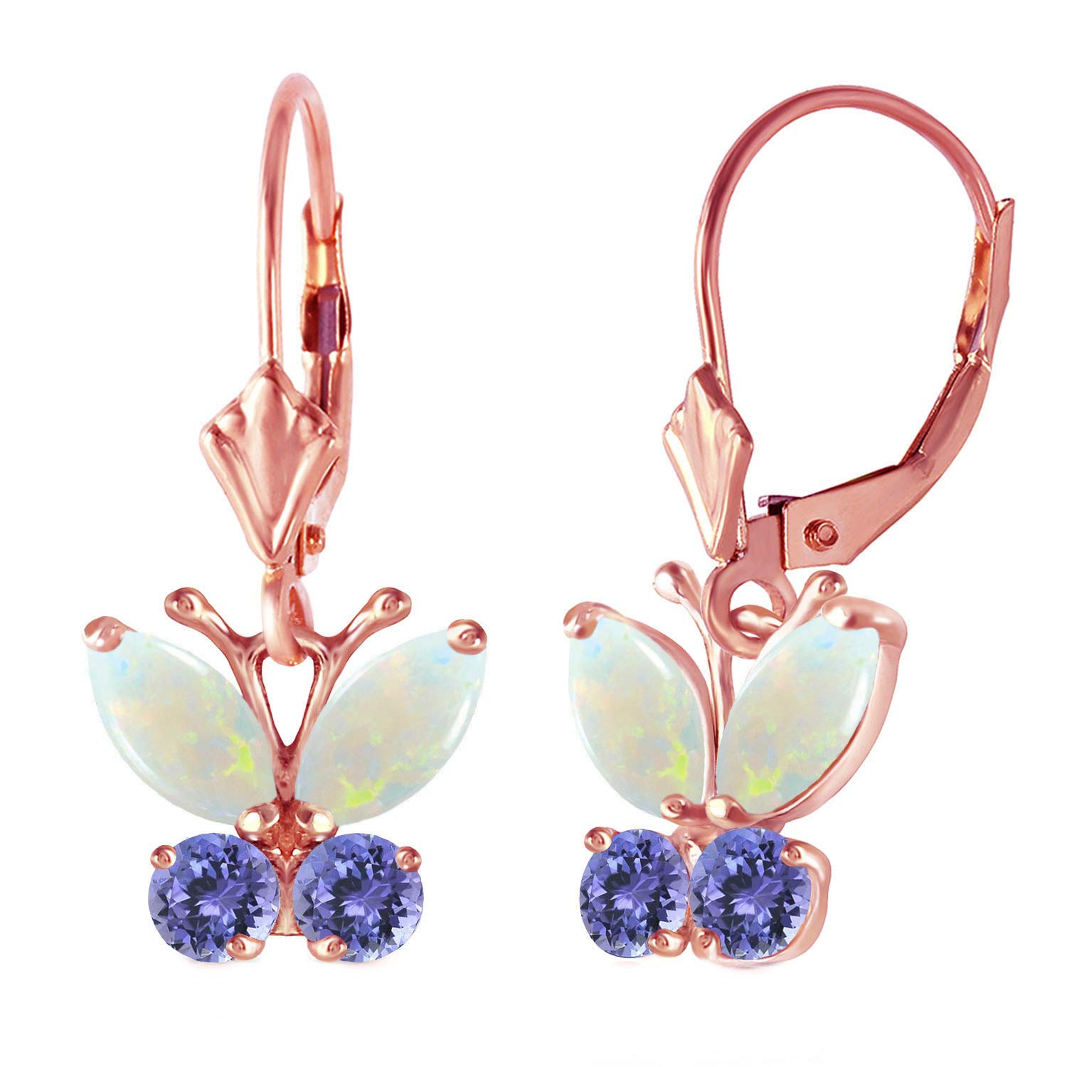 14K Rose Gold Opal and Tanzanite Butterfly Earrings for Women - Elegant Dangle Earrings for Wedding, Party & Special Occasion Gifts
