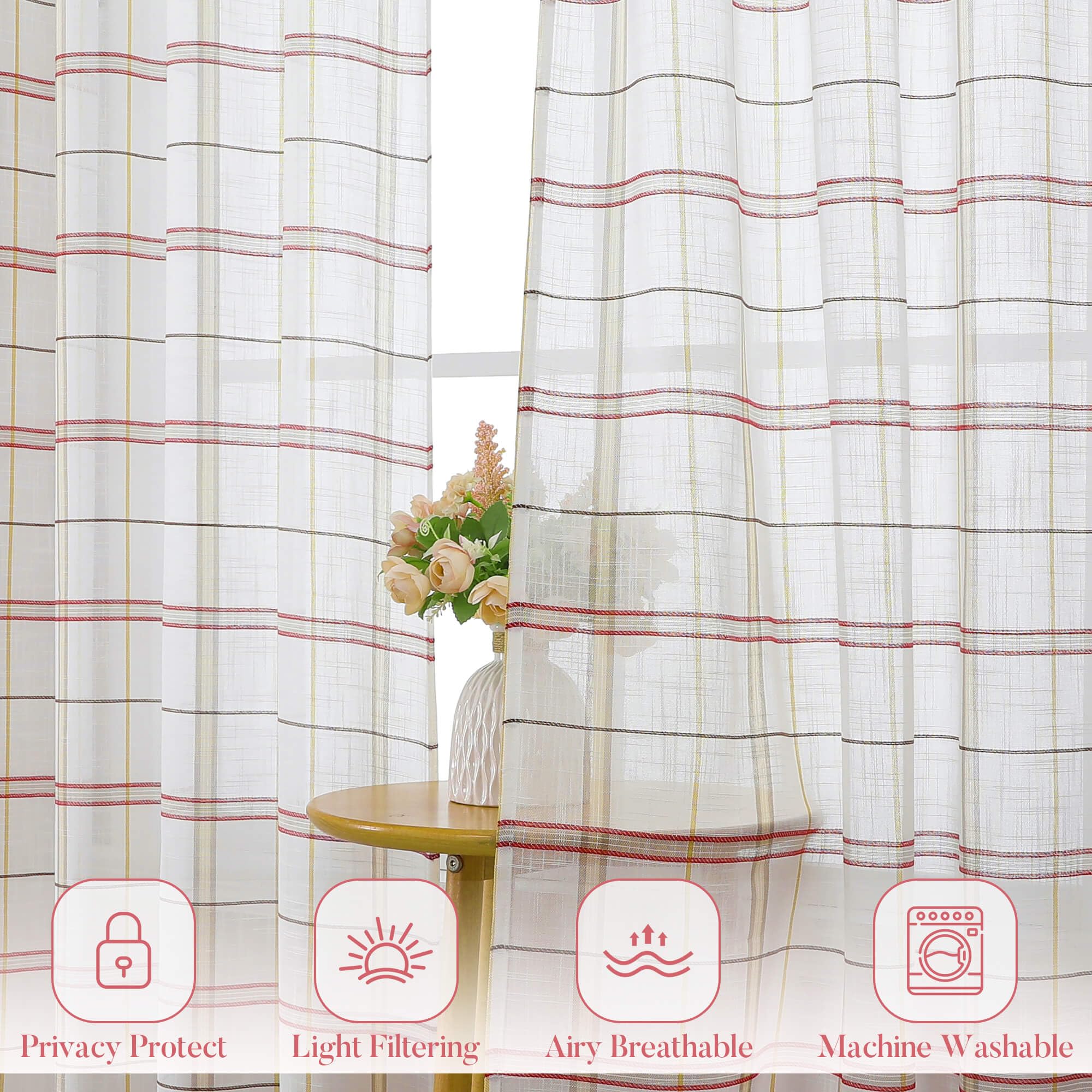 WUBODTI Semi-Sheer Buffalo Plaid Curtains - 2 Panels Faux Linen Geometric Window Drapes in Red Stripes (84 Inch Length, Tan/Brown) | Farmhouse, Living Room & Dining Room Window Treatments for Cozy Home Decor