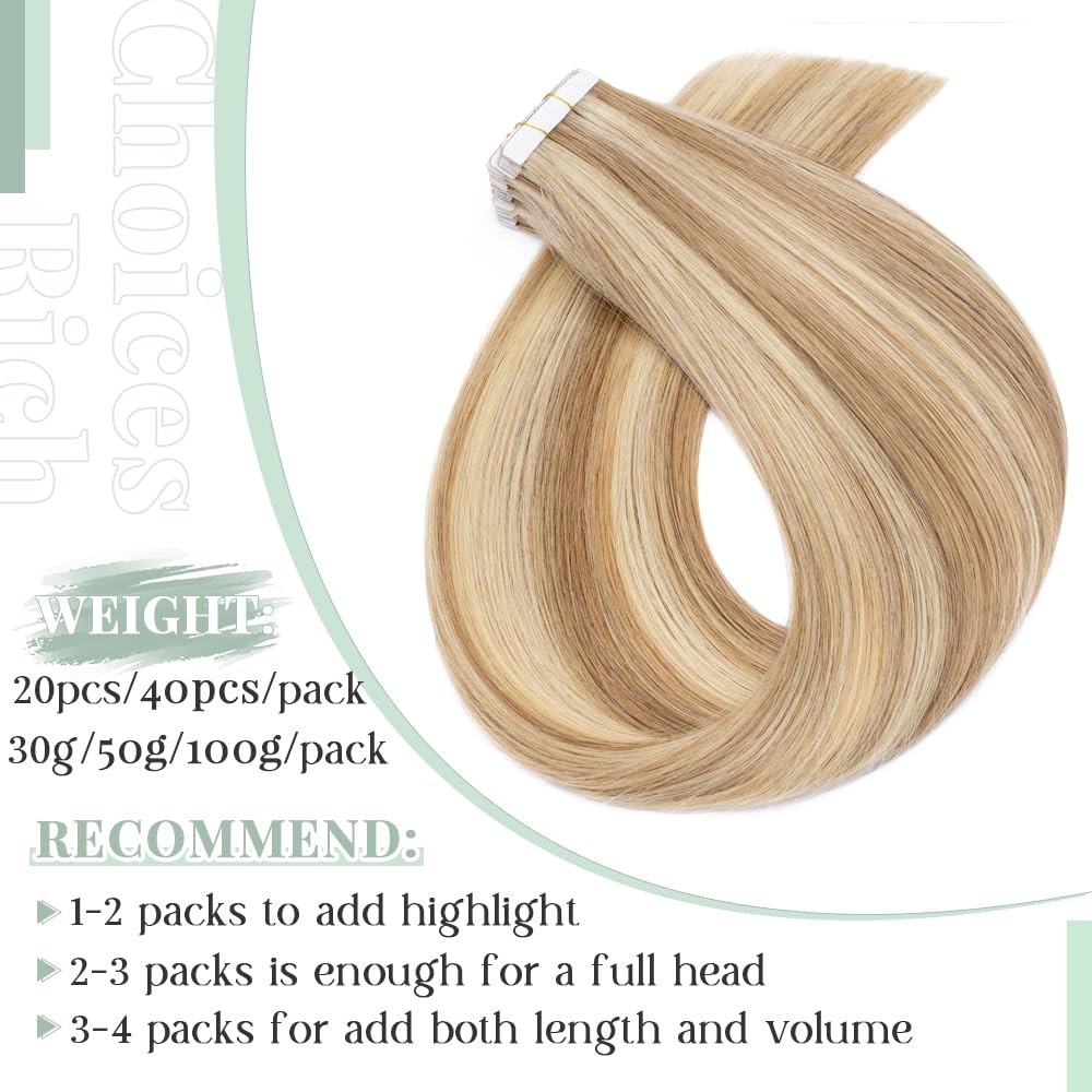 20pcs Tape in Hair Extensions 22 Inch - 100% Remy Human Hair, Double Sided, Seamless Straight, Balayage Golden Brown Highlighted Bleach Blonde (#12P613) - Perfect for Parties, Weddings & Daily Styling