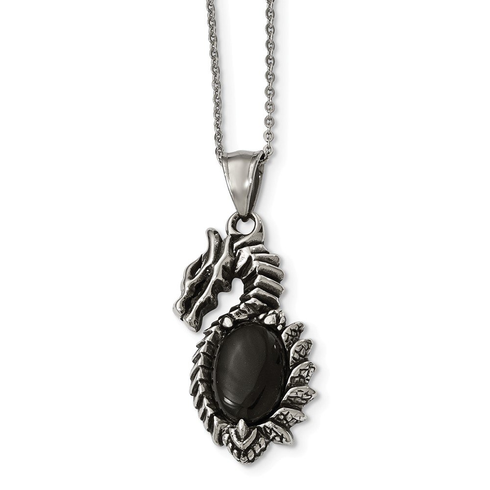 Antique Solid Stainless Steel Dragon Necklace with Black Glass Pendant - Gothic Jewelry for Women, Men - Perfect for Cosplay, Halloween, Gift Giving