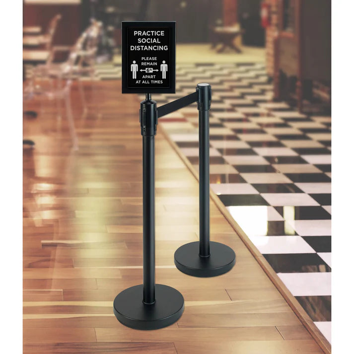 Winco 2-Piece Stanchion Set with Social Distancing Sign - Black | Queue Management System for Retail Stores, Banks & Public Spaces