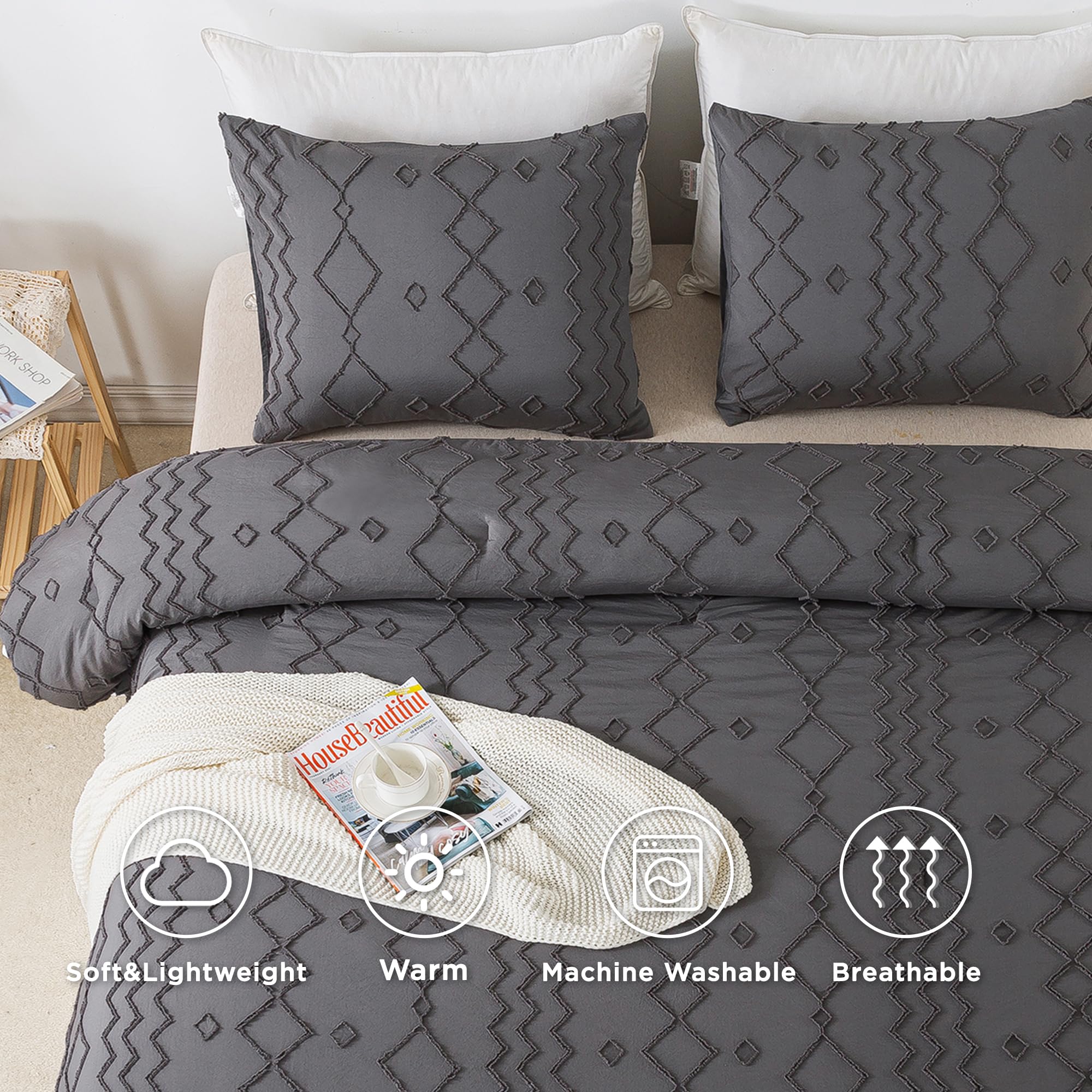 **Andency Dark Gray Tufted Comforter Set Full (79x90 Inch) – 3-Piece Boho Farmhouse Bedding with Microfiber Down Alternative, Geometric Design – Perfect for Cozy Bedrooms, Guest Rooms & Modern Farmhouse Decor**