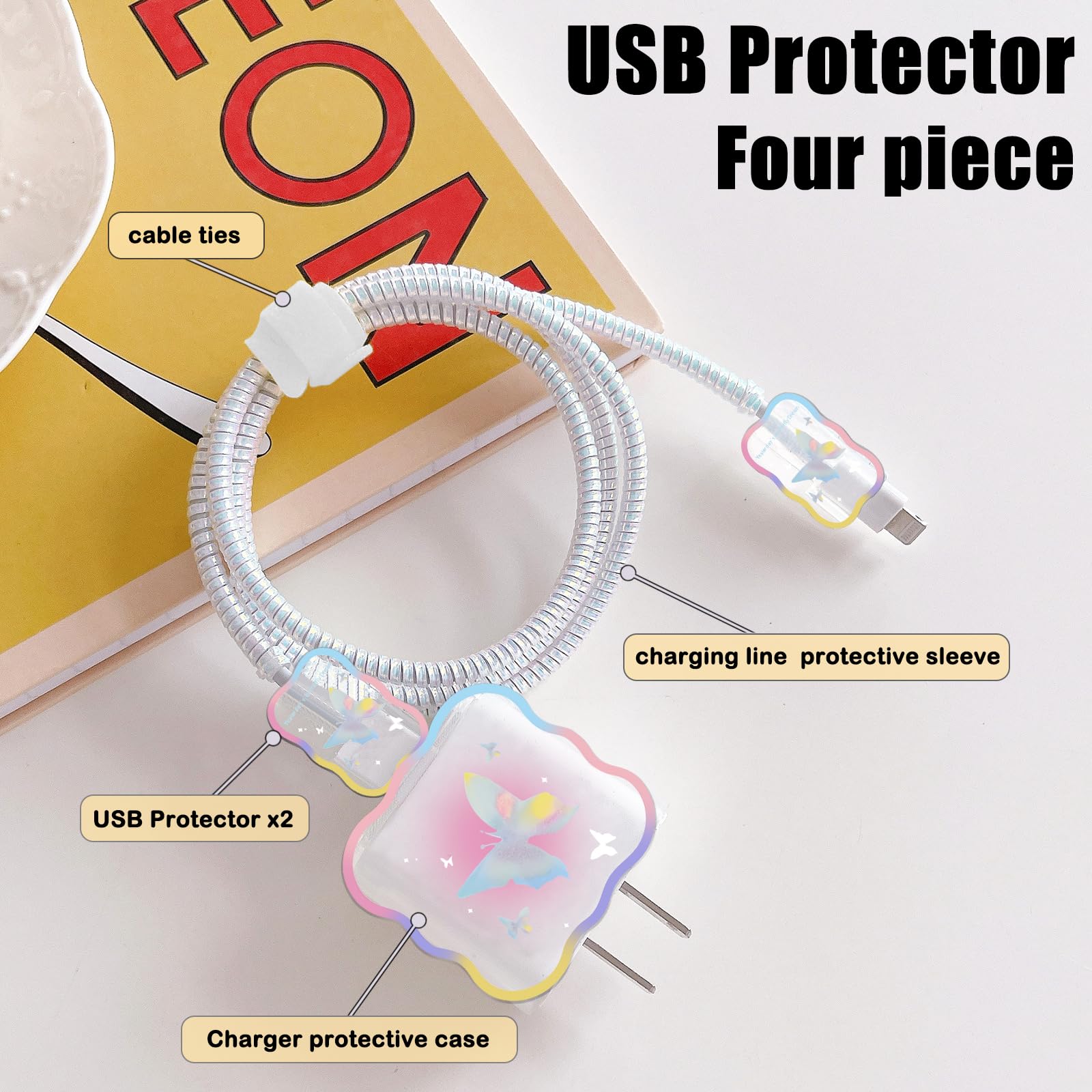 Glitter Butterfly DIY Cable Protector for iPhone Charger - Cute Waves Design USB Wire Saver Compatible with iPhone 11/12/13/14 Pro Max/Plus/XS - Perfect for Home, Office & Travel Accessories