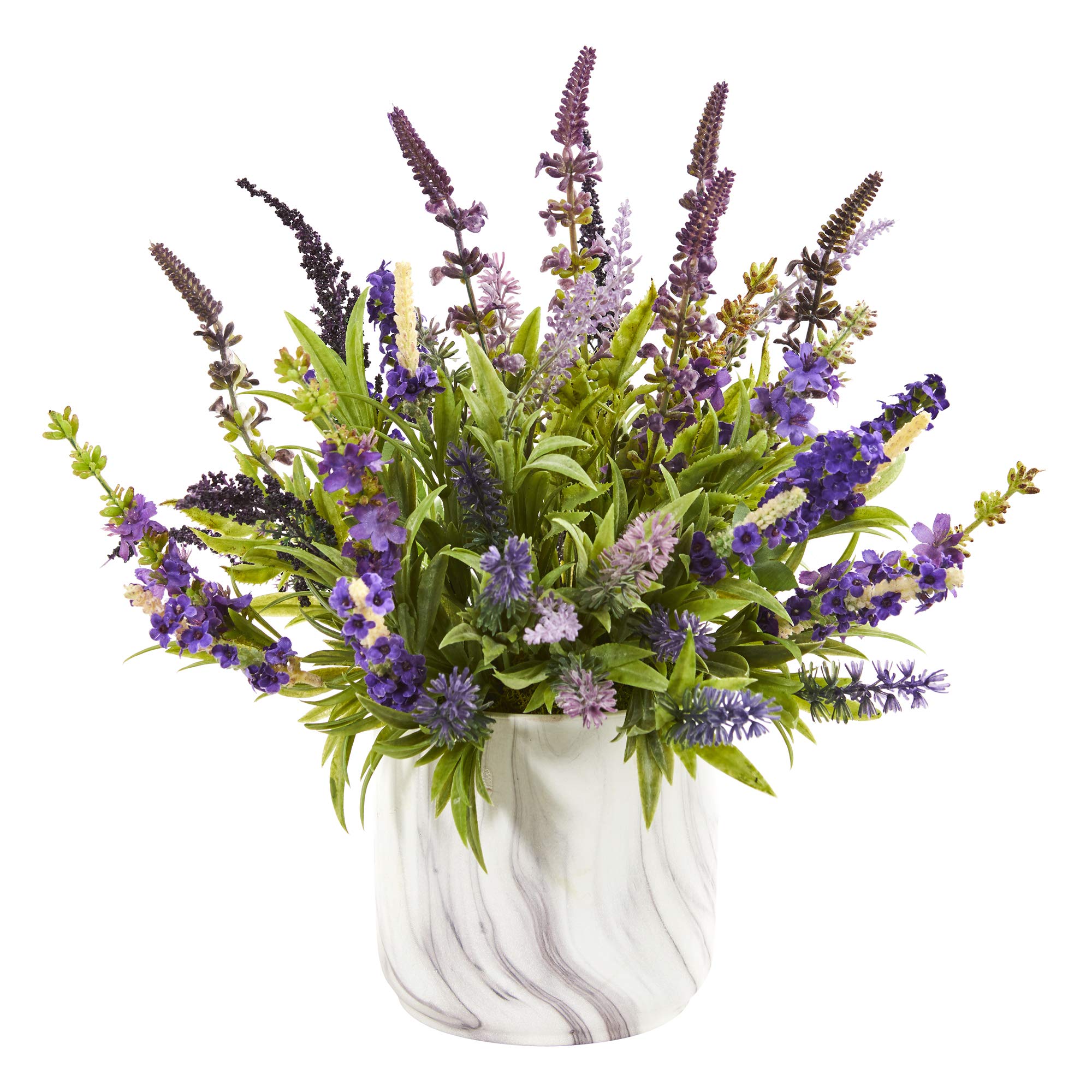 Nearly Natural 15 Inch Lavender Artificial Flower Arrangement in Marble Vase - Elegant Home Decor for Living Room, Bedroom, or Office Centerpiece