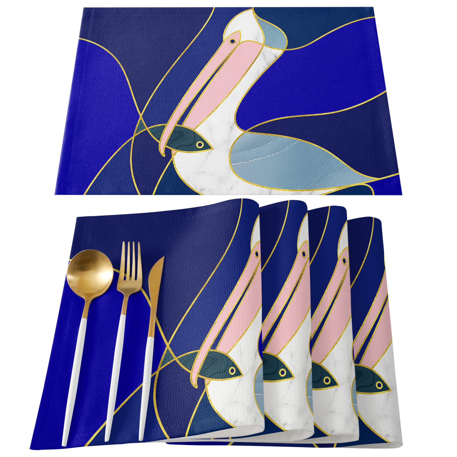 Abstract Geometric Pelican Bird Hunting Fish Placemats Set of 4 - 13x19 Inch Washable Cotton Linen Table Mats for Dining Kitchen & Home Decor | Perfect for Dinner Parties, Holiday Gatherings & Everyday Use