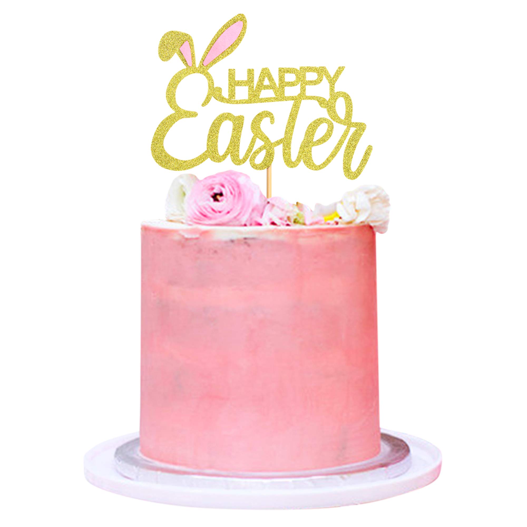 Happy Easter Cake Topper - 1 Pack Bunny Ear Gold Glitter Cake Picks for Easter Theme Party Decorations | Perfect for Easter Cakes, Cupcakes, Desserts & Holiday Celebrations
